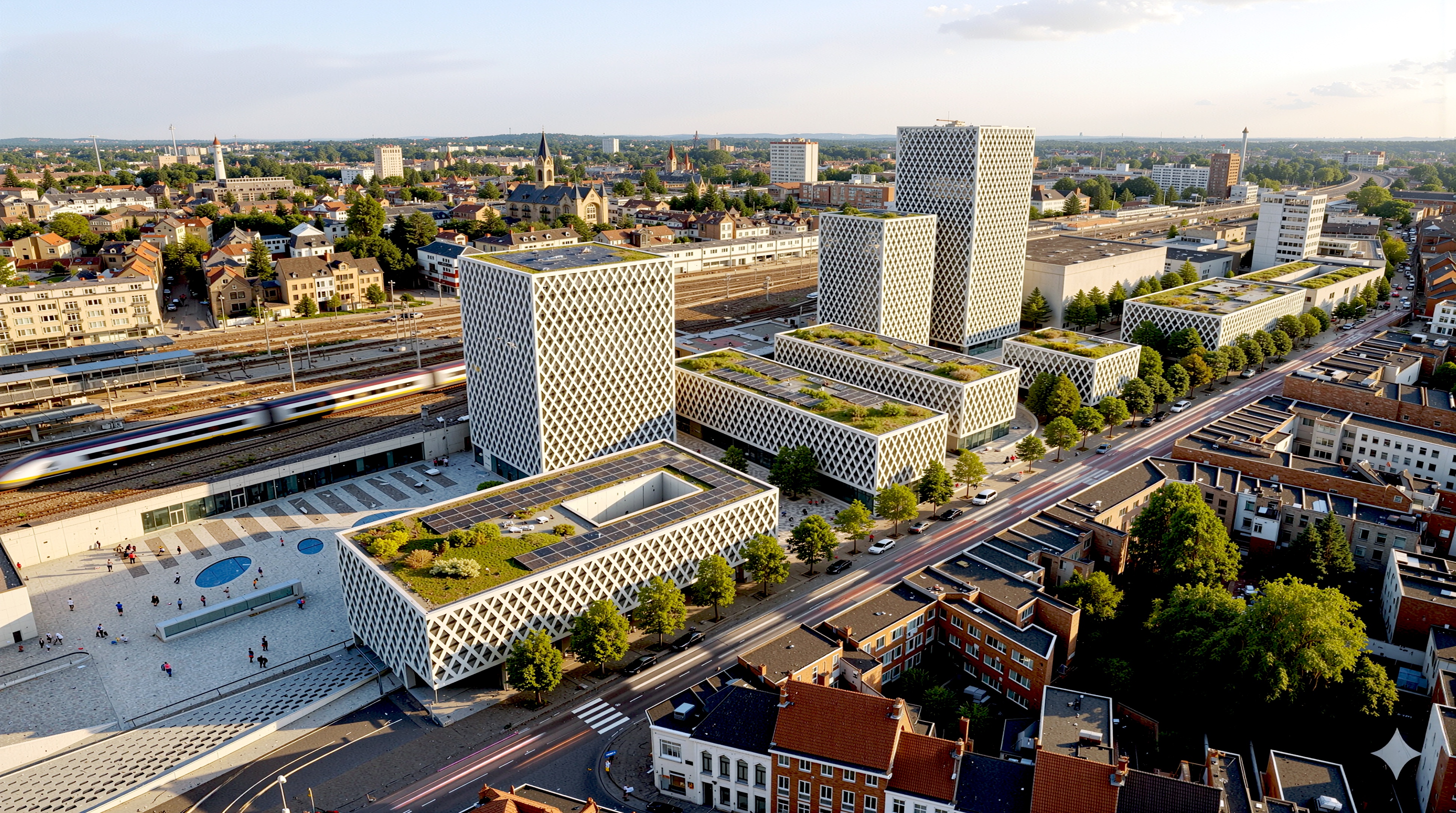 Aerial view of the urban revitalization masterplan showing multiple towers with green roofs, railway station, and Ghent cityscape