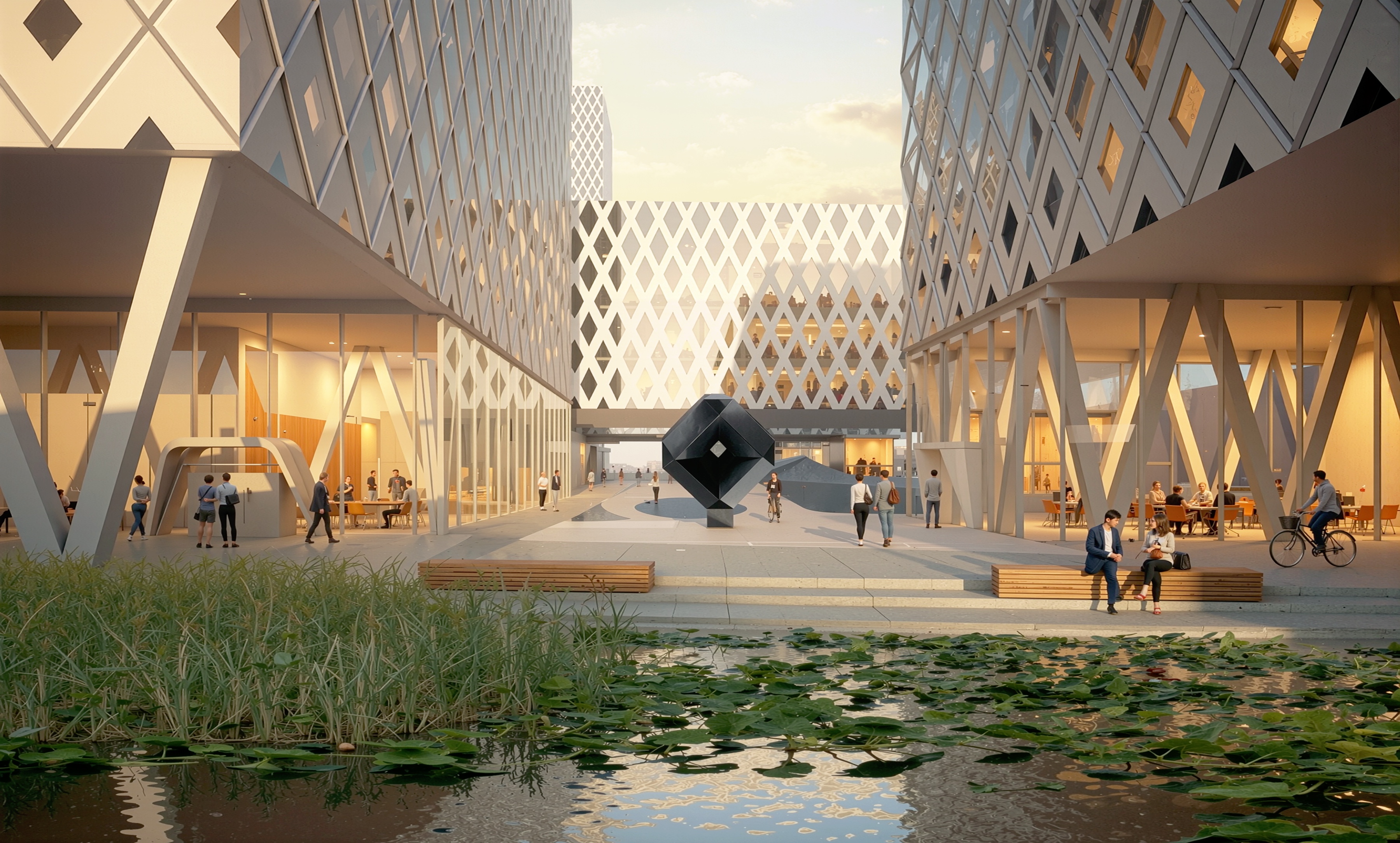 Evening courtyard between towers with warm golden light, water feature with lily pads, and sculptural art