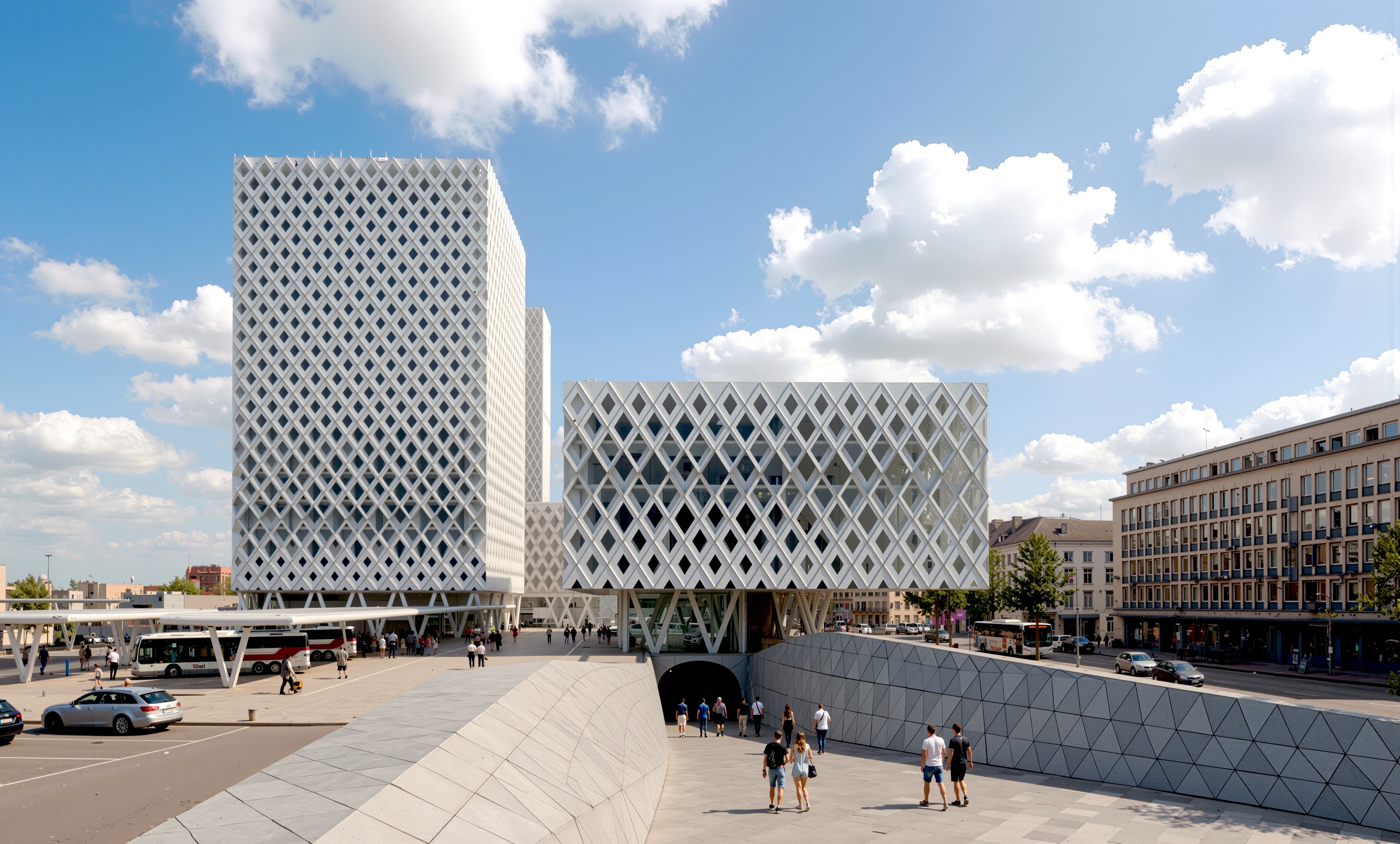Street-level view of the building complex with diamond-lattice facade towers and urban plaza in Ghent