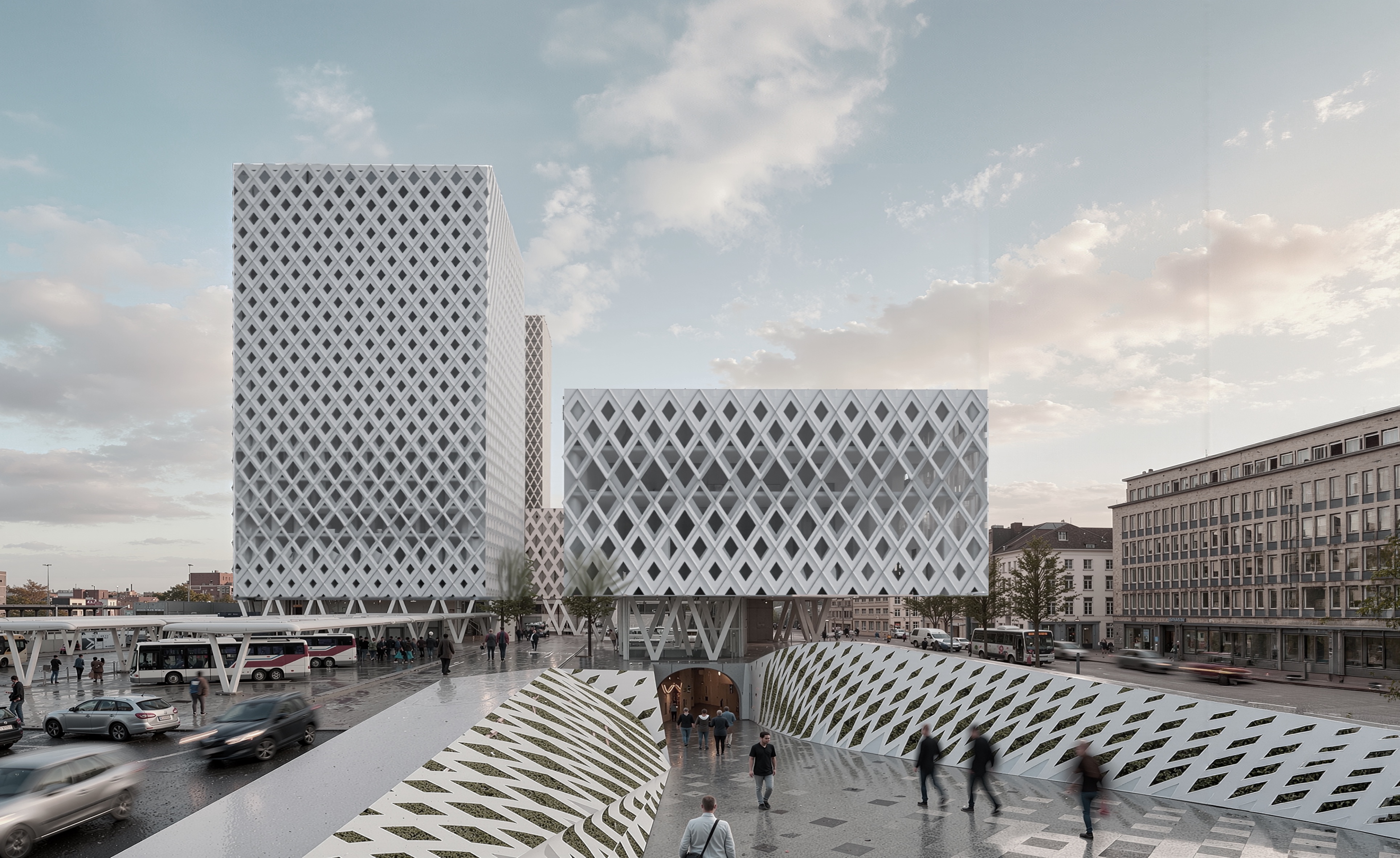Street-level plaza view with patterned canopy and diamond-facade towers on an overcast day