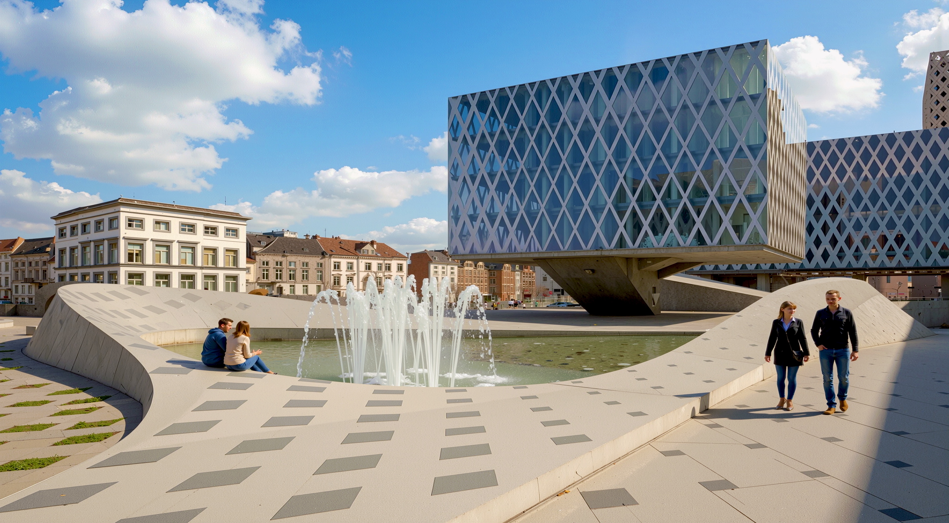 Public civic plaza with water fountain feature and diamond-facade building under sunny skies
