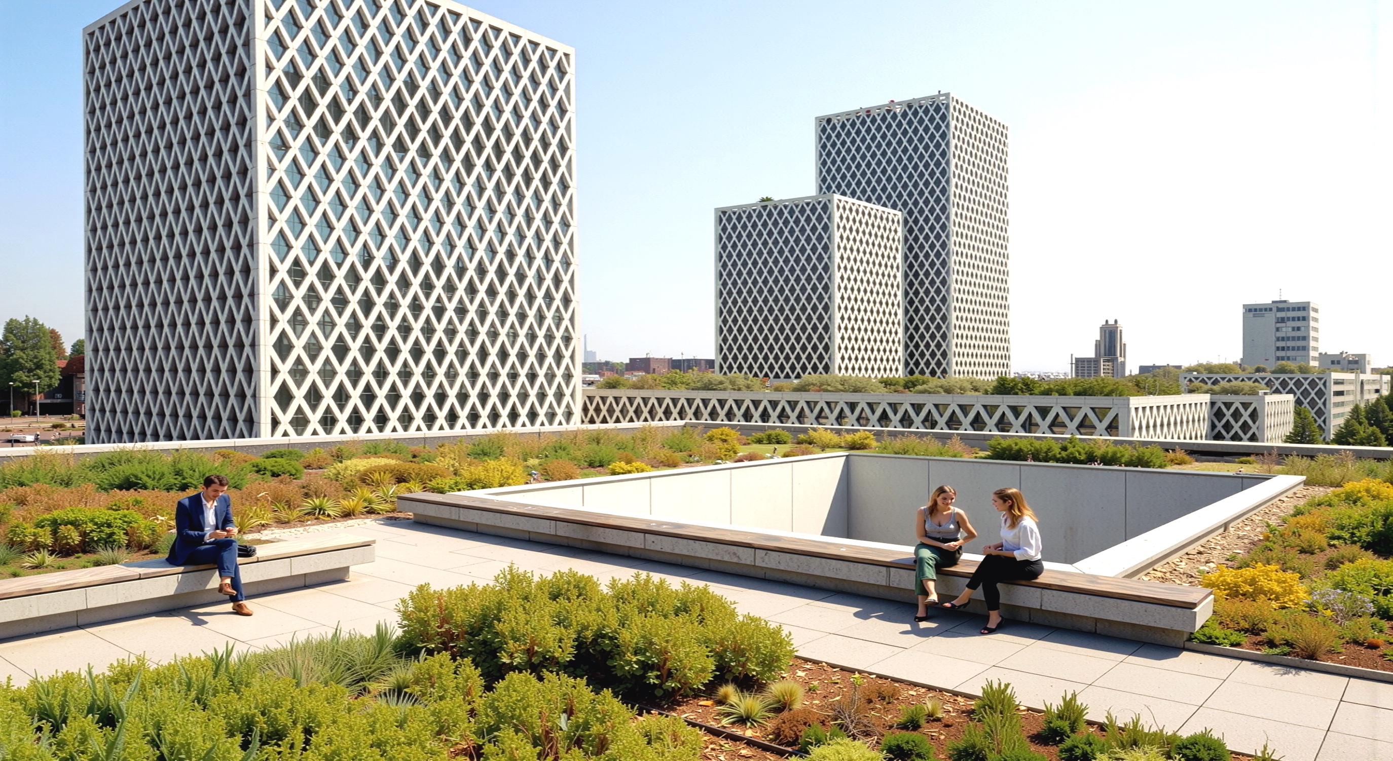 Rooftop garden terrace with green landscaping and views of the diamond-lattice towers