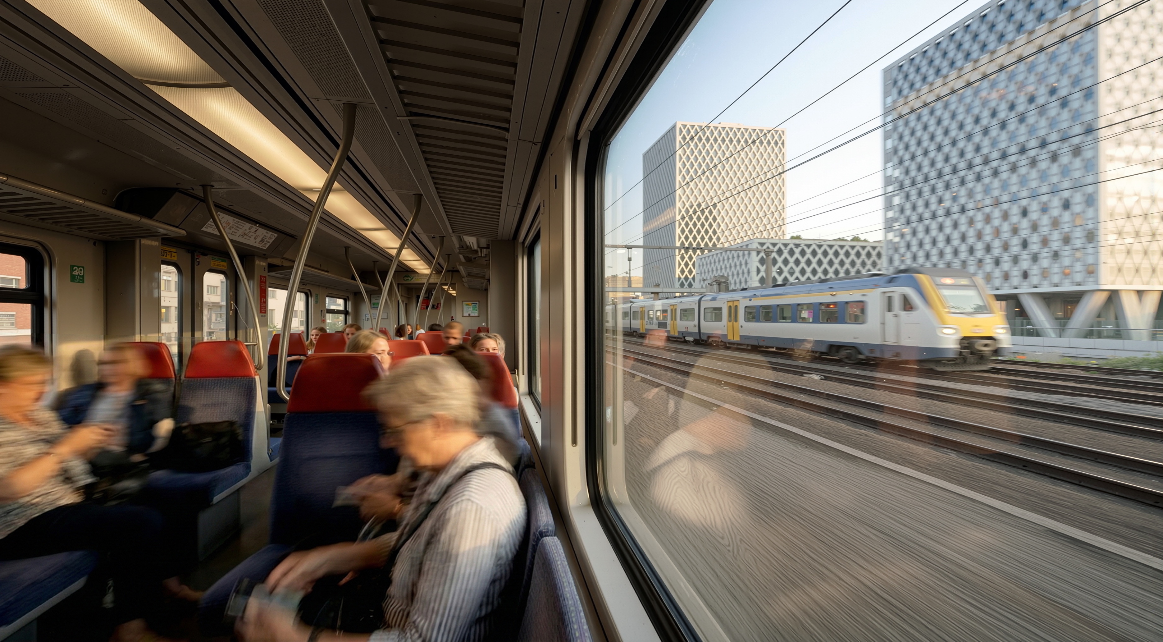 View from train interior approaching the building complex with diamond-lattice towers