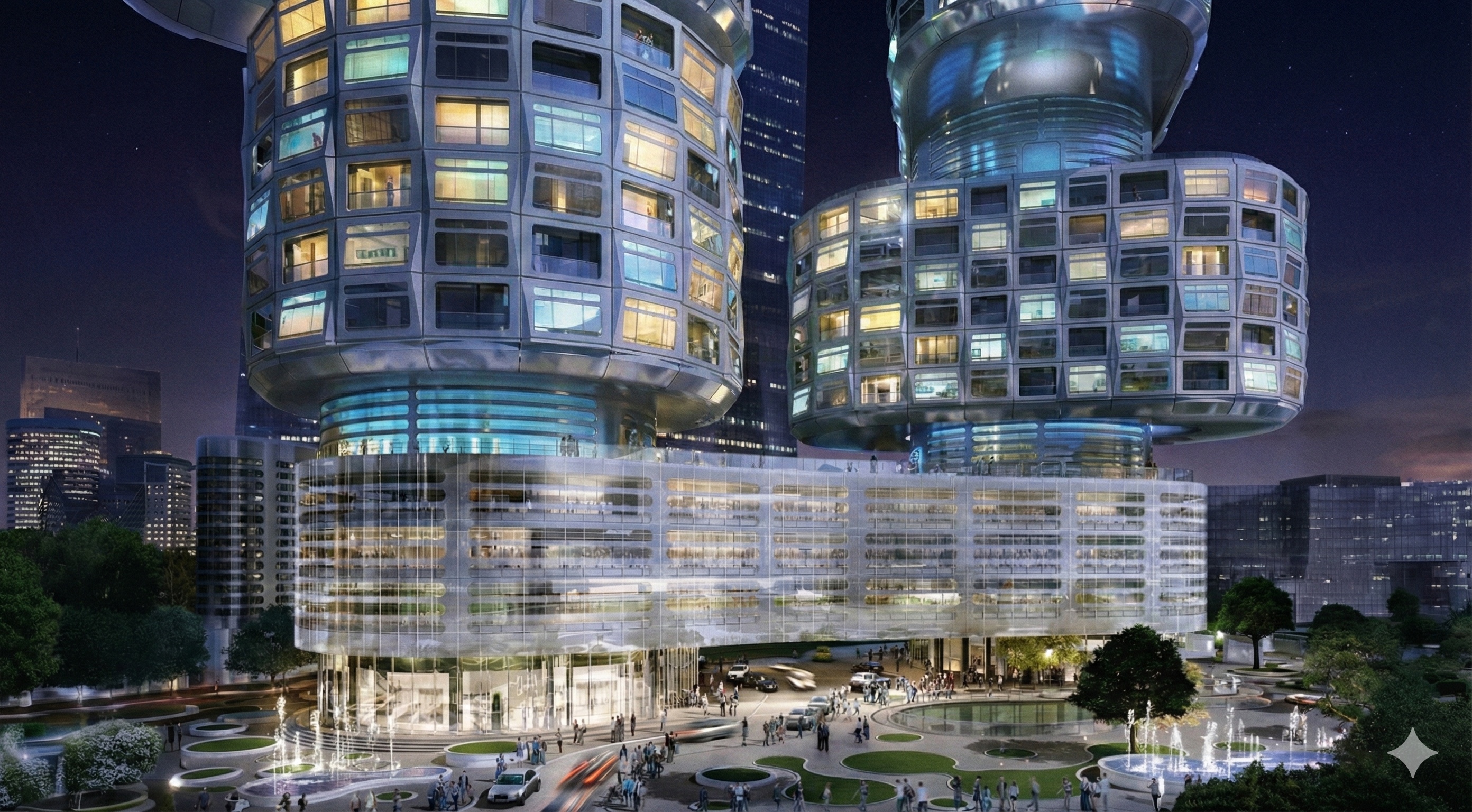 Velo Towers illuminated at night against the Seoul cityscape