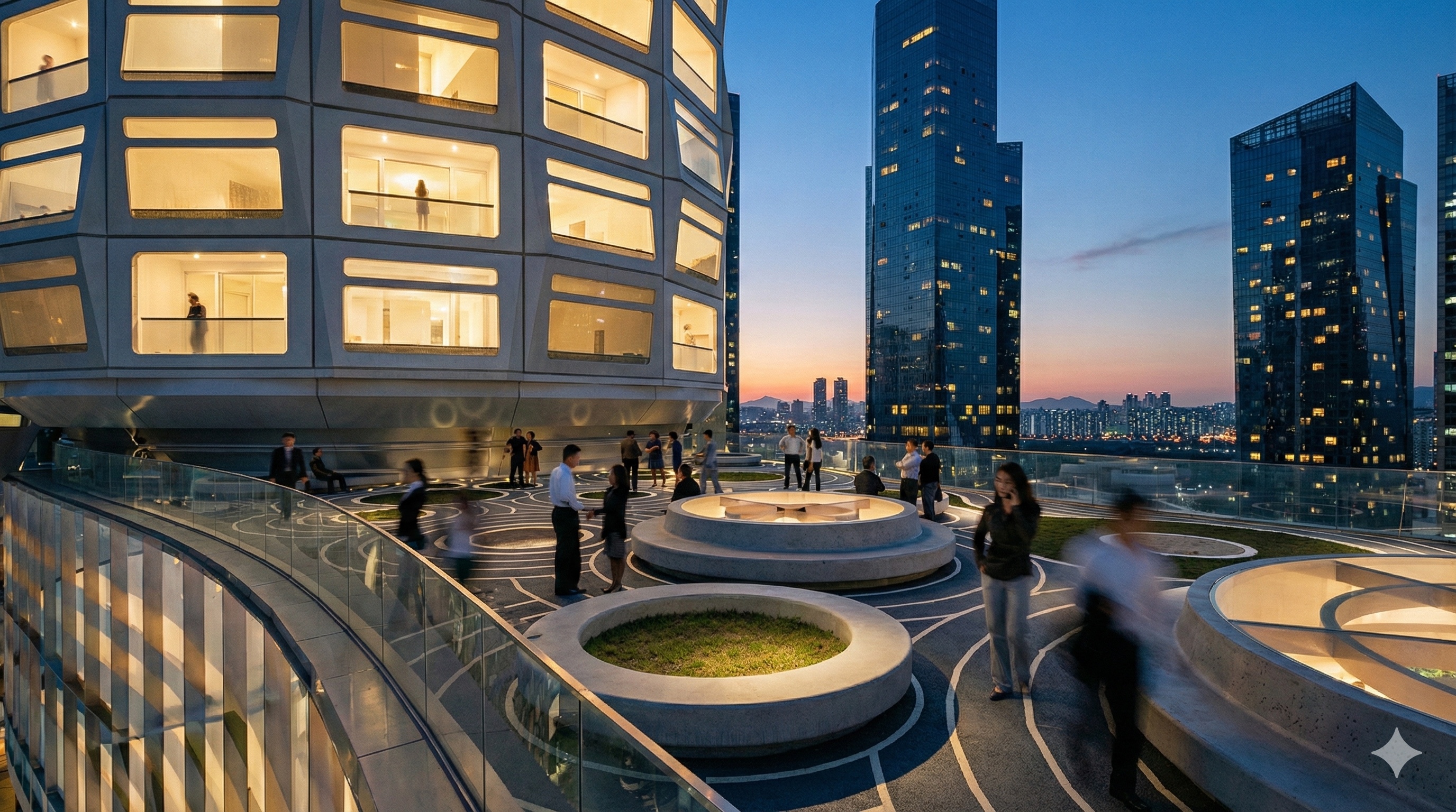 Elevated terrace at twilight with circular planters and Seoul skyline