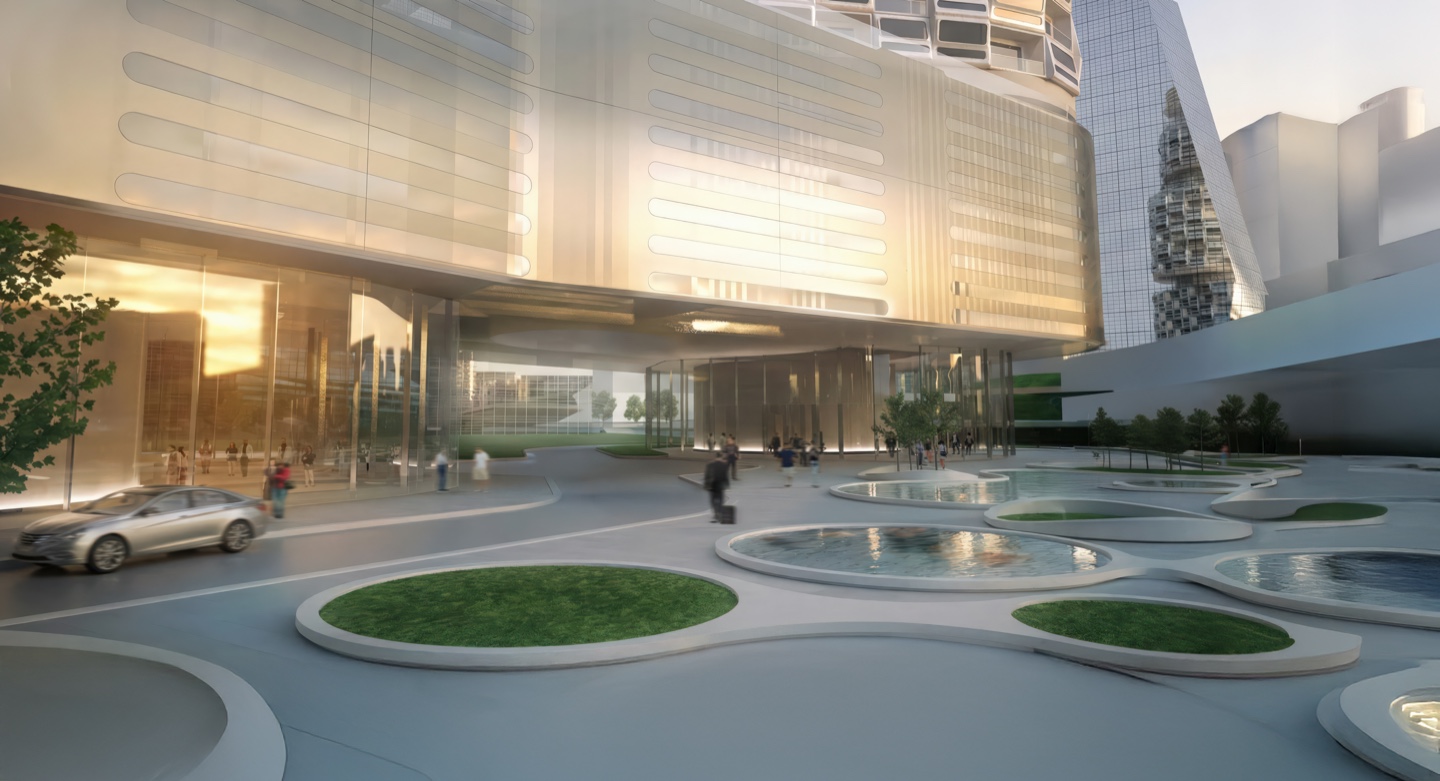 Elevated plinth drop-off area with circular landscaped planters