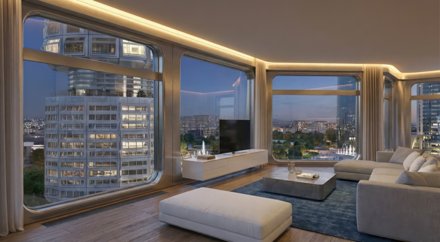 Residential living space with panoramic city views through curved windows at dusk