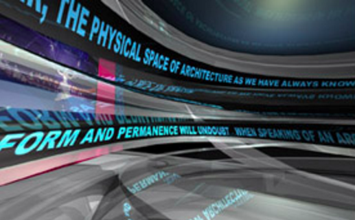 Interior perspective of the GVM showing curved text surfaces and a navigable three-dimensional space with architectural typography