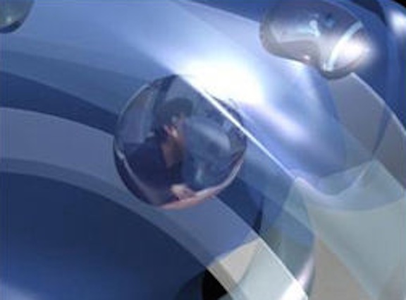 Interior of the Guggenheim Virtual Museum showing artworks displayed as luminous floating spheres within a spiraling blue gallery space