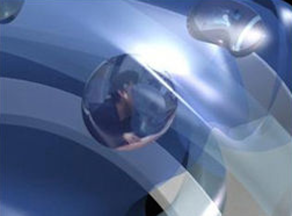 Interior of the Guggenheim Virtual Museum showing artworks displayed as luminous floating spheres within a spiraling blue gallery space