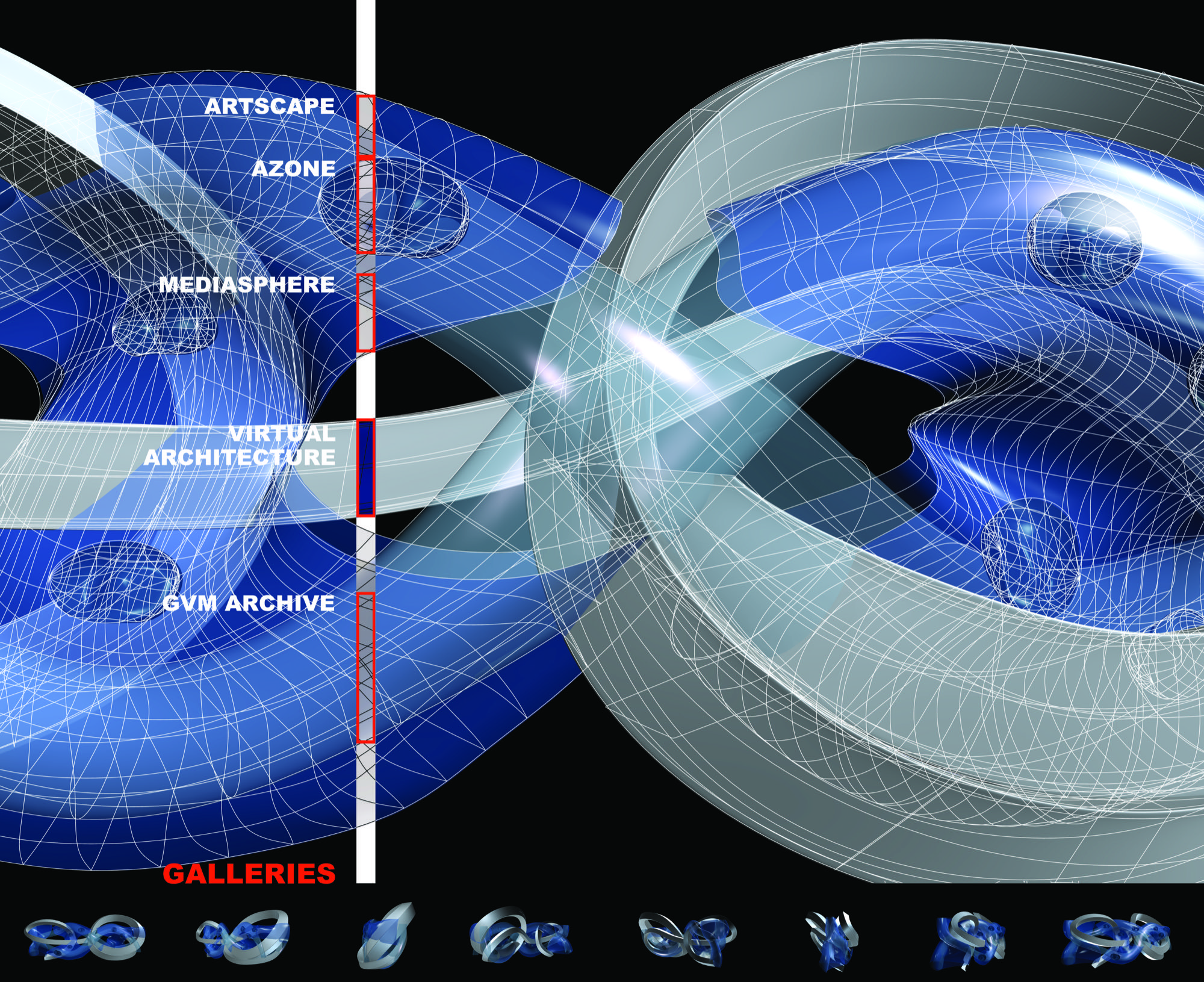 The GVM navigation interface showing labeled zones — Artscape, Azone, Mediasphere, Virtual Architecture, and GVM Archive — overlaid on the spiraling virtual form