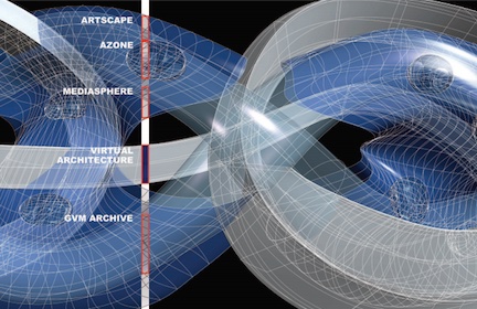 Wireframe view of the Guggenheim Virtual Museum form annotated with its five zones — Artscape, Azone, Mediasphere, Virtual Architecture, and GVM Archive