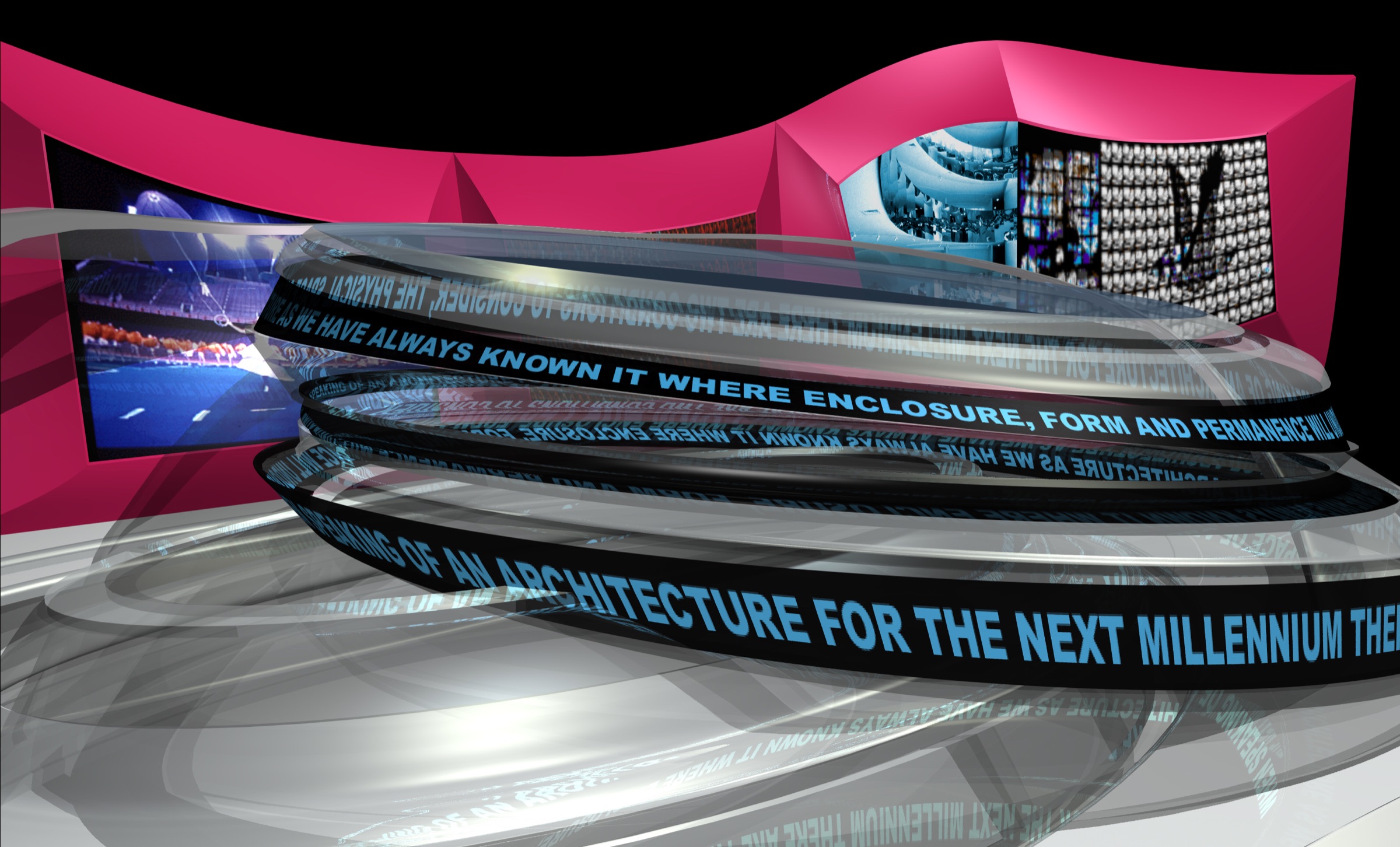 Interior view of the GVM showing pink curving walls enclosing concentric rings of rotating text and small portal-windows displaying other content