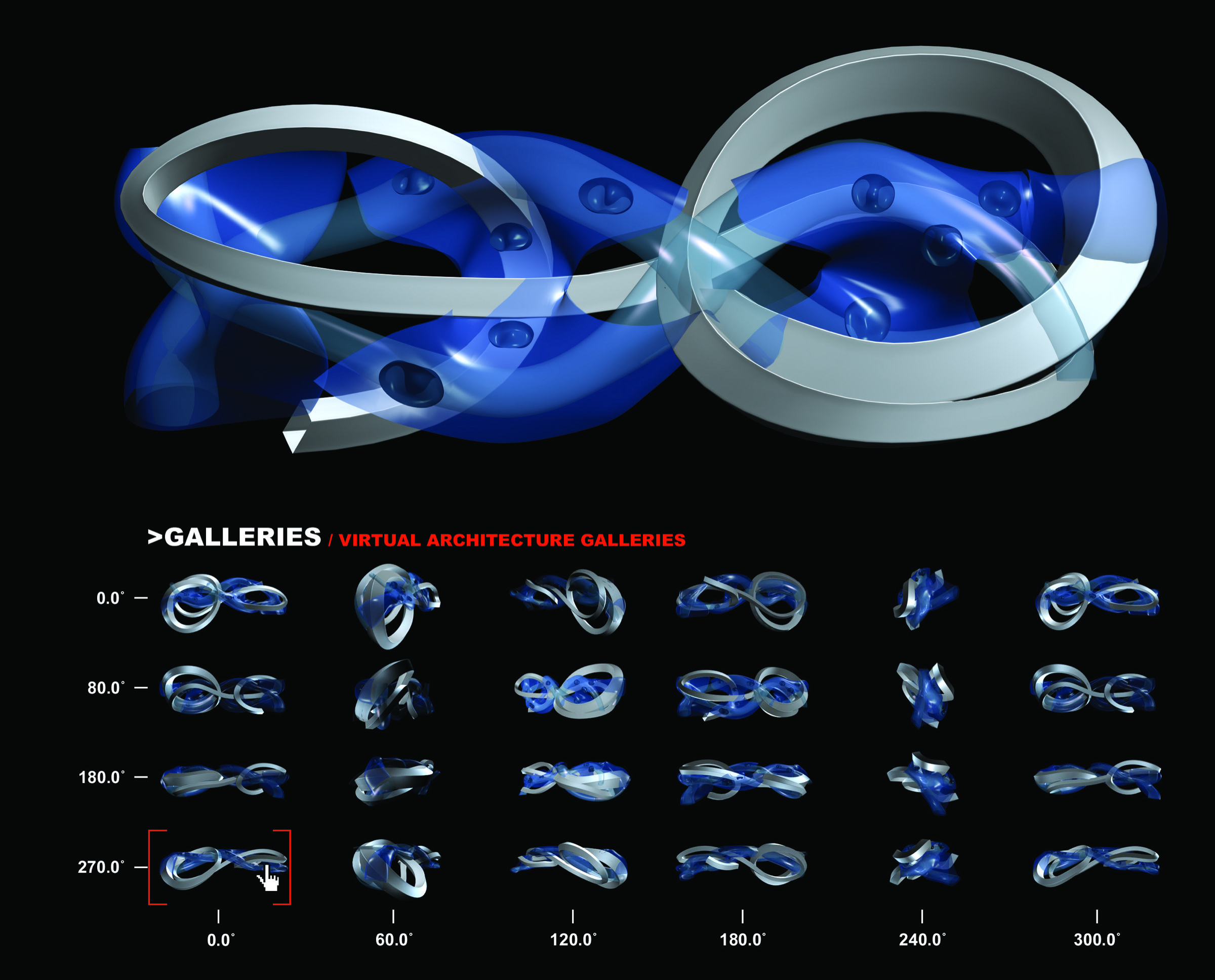 Galleries navigation diagram — the interlocking ring form of the Virtual Architecture galleries shown above a grid of rotated views at 0°–270° heights and 0°–300° azimuths