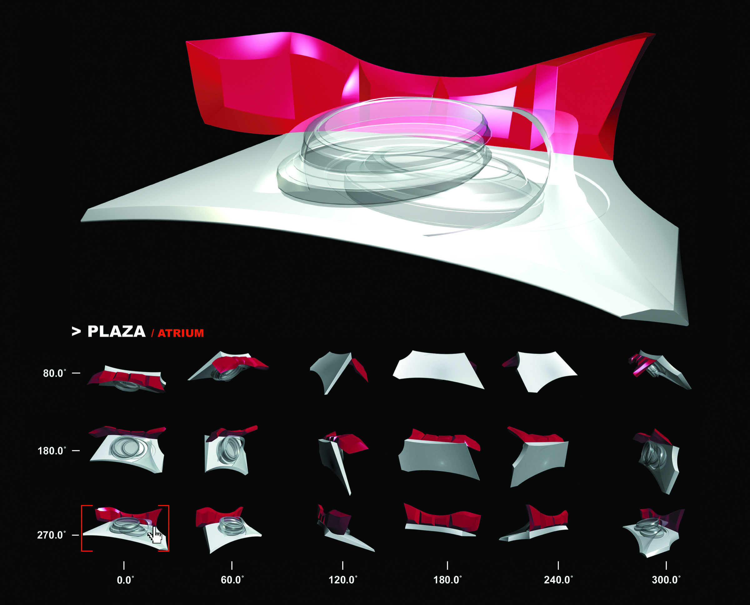 Plaza/Atrium navigation diagram — a red canopy over a transparent disc on a triangular plaza, shown above a grid of rotated views at 80°–270° heights and 0°–300° azimuths