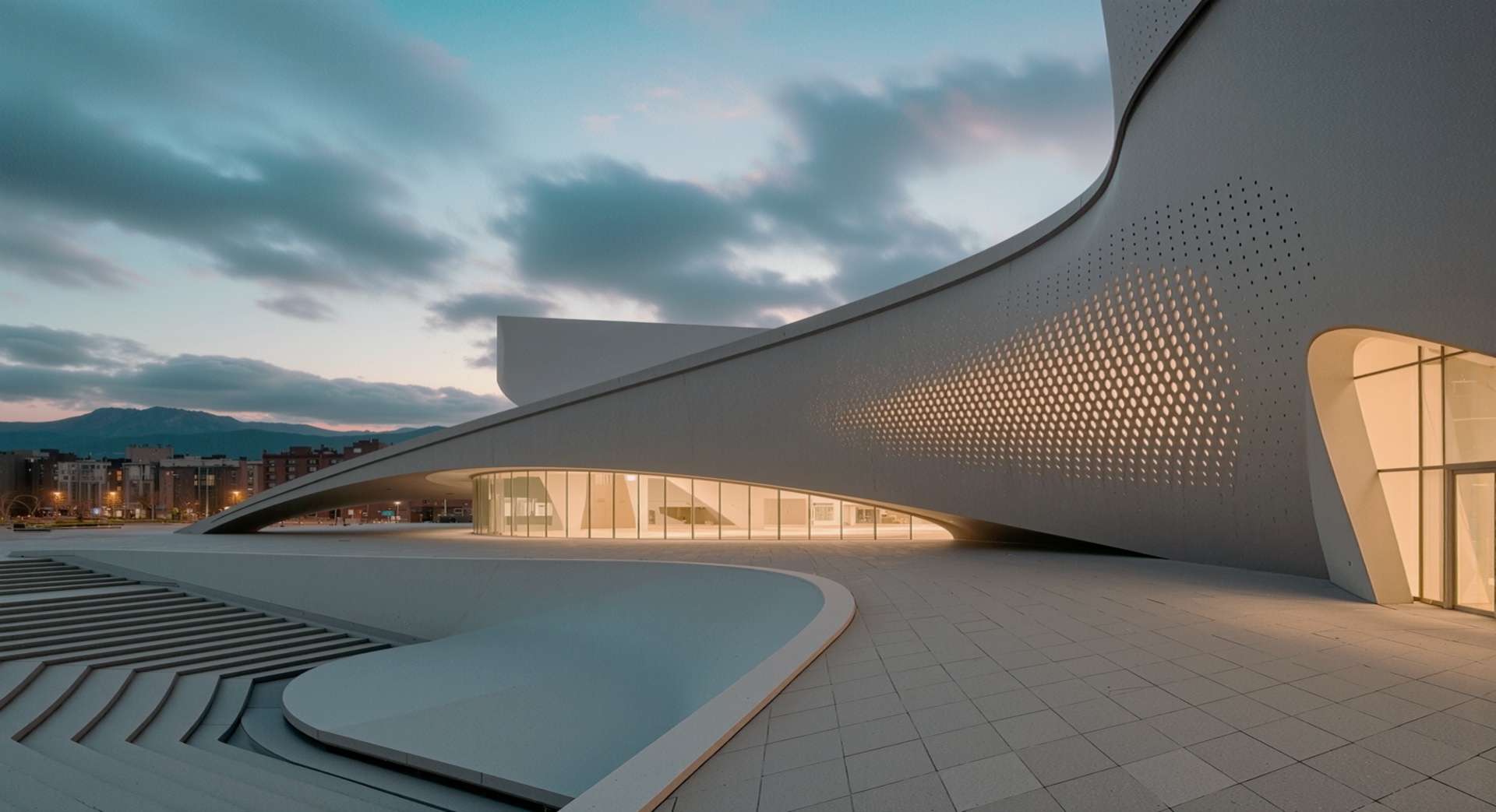 Dusk exterior view of the museum with its perforated facade panels glowing warmly against a twilight sky