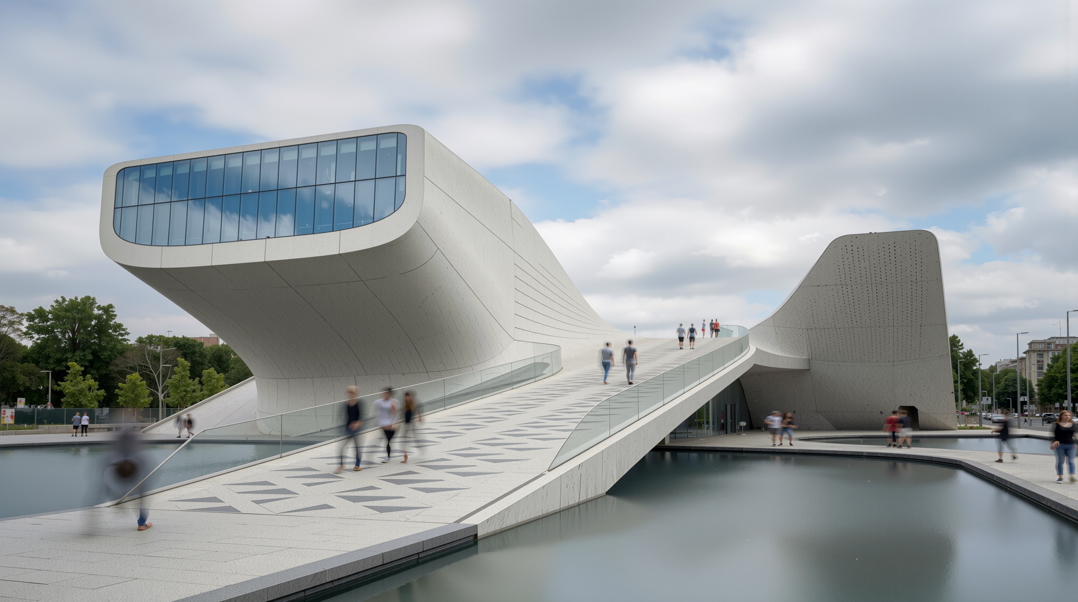 Visitors crossing the elevated pedestrian bridge that sweeps over a reflecting pool toward the museum entrance