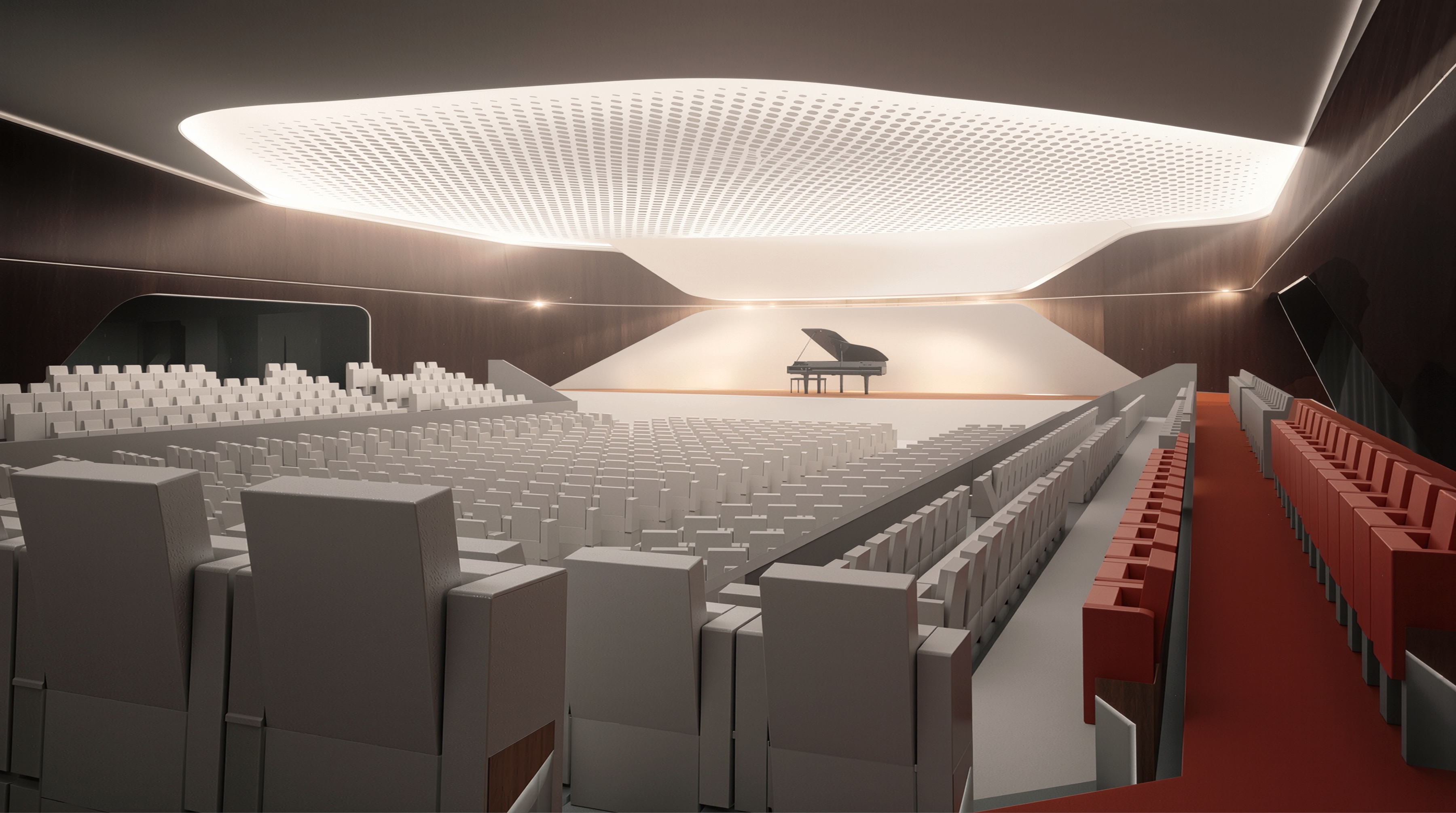 Concert hall interior with a grand piano on stage, tiered seating, and a sculptural perforated ceiling disk providing diffused lighting