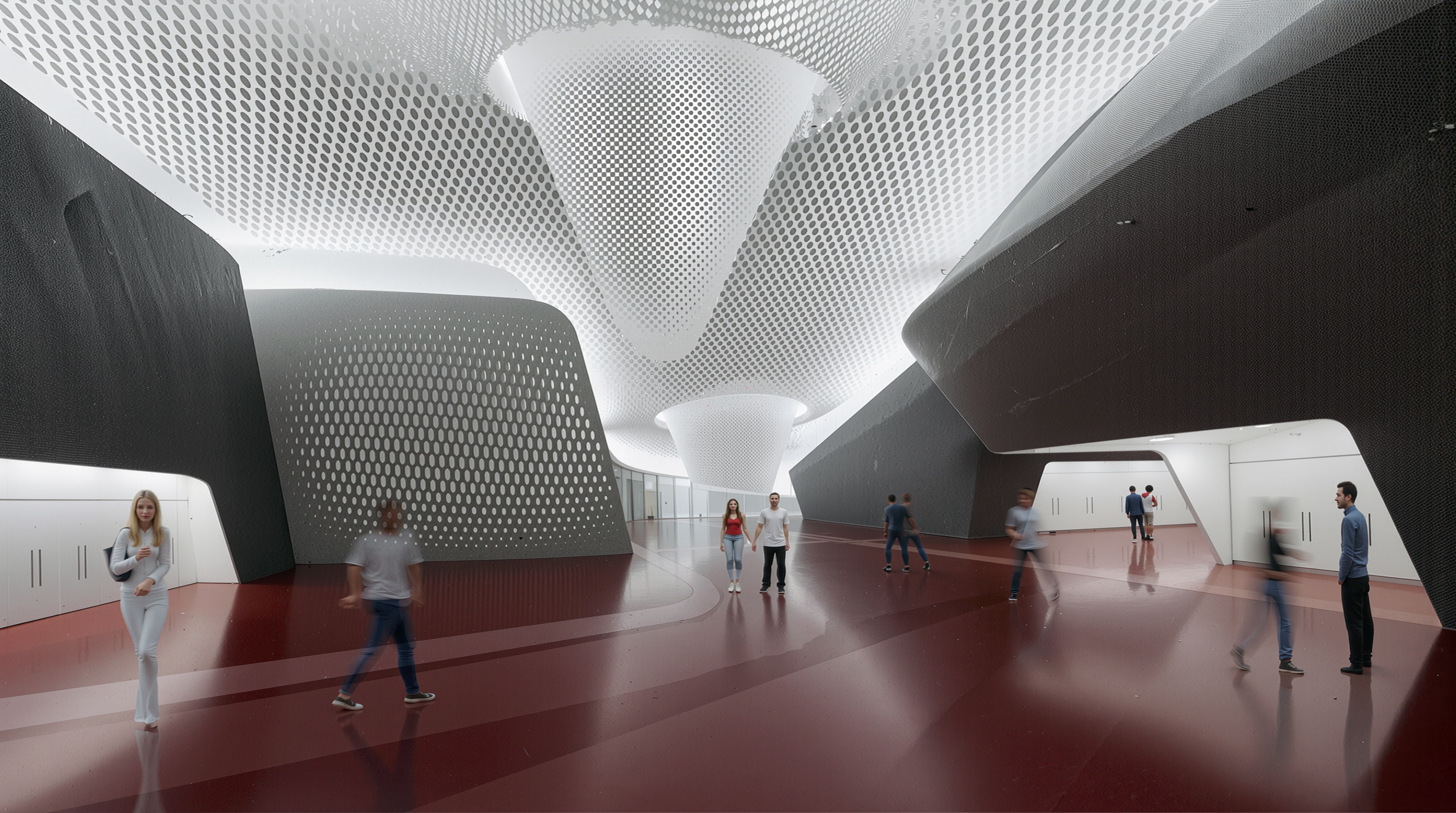 Expansive exhibition hall interior with sculptural perforated ceiling forms, red flooring, and visitors viewing gallery spaces