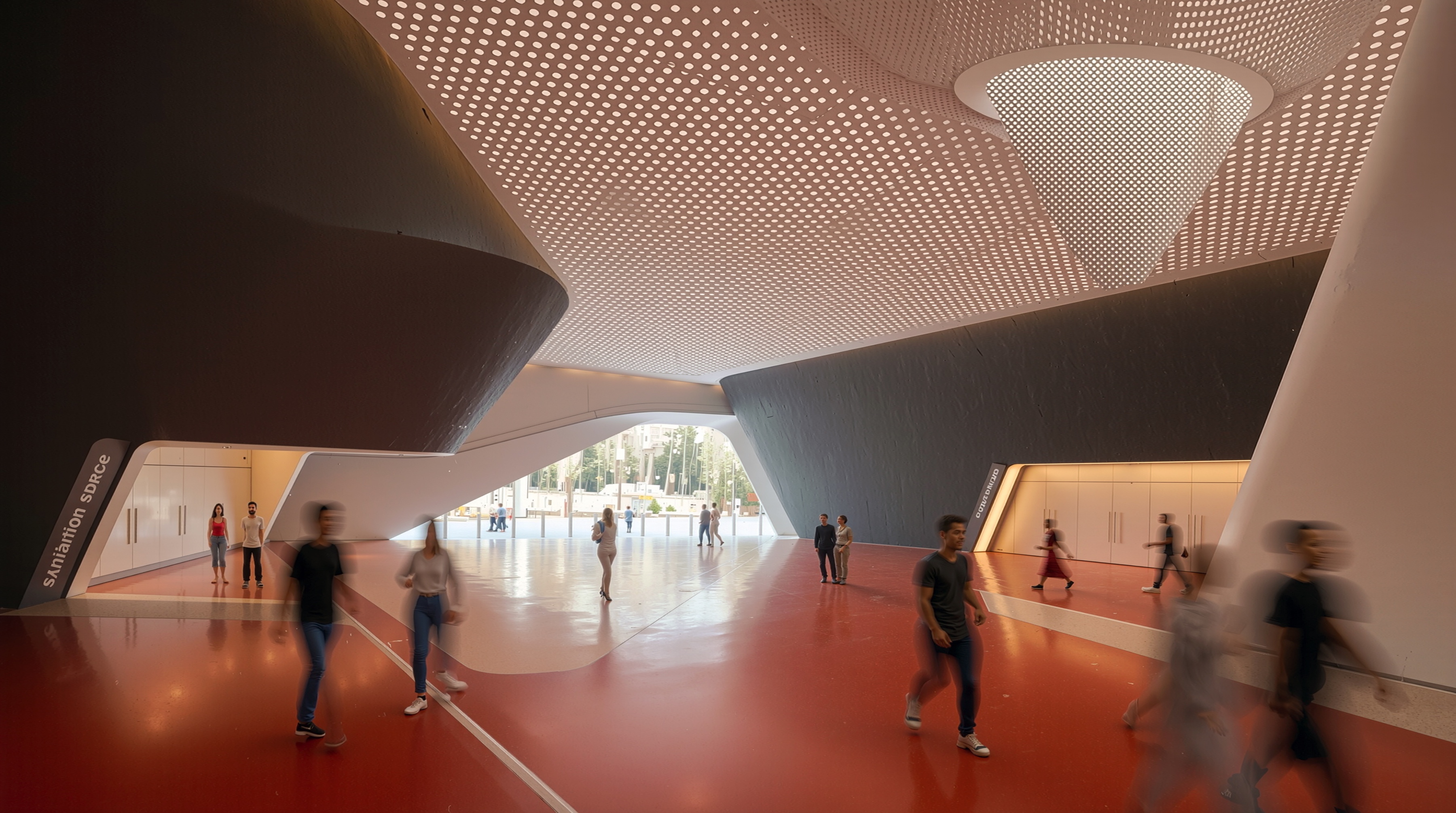 Interior lobby with a vibrant red floor, perforated white ceiling, and visitors moving through the expansive double-height circulation space