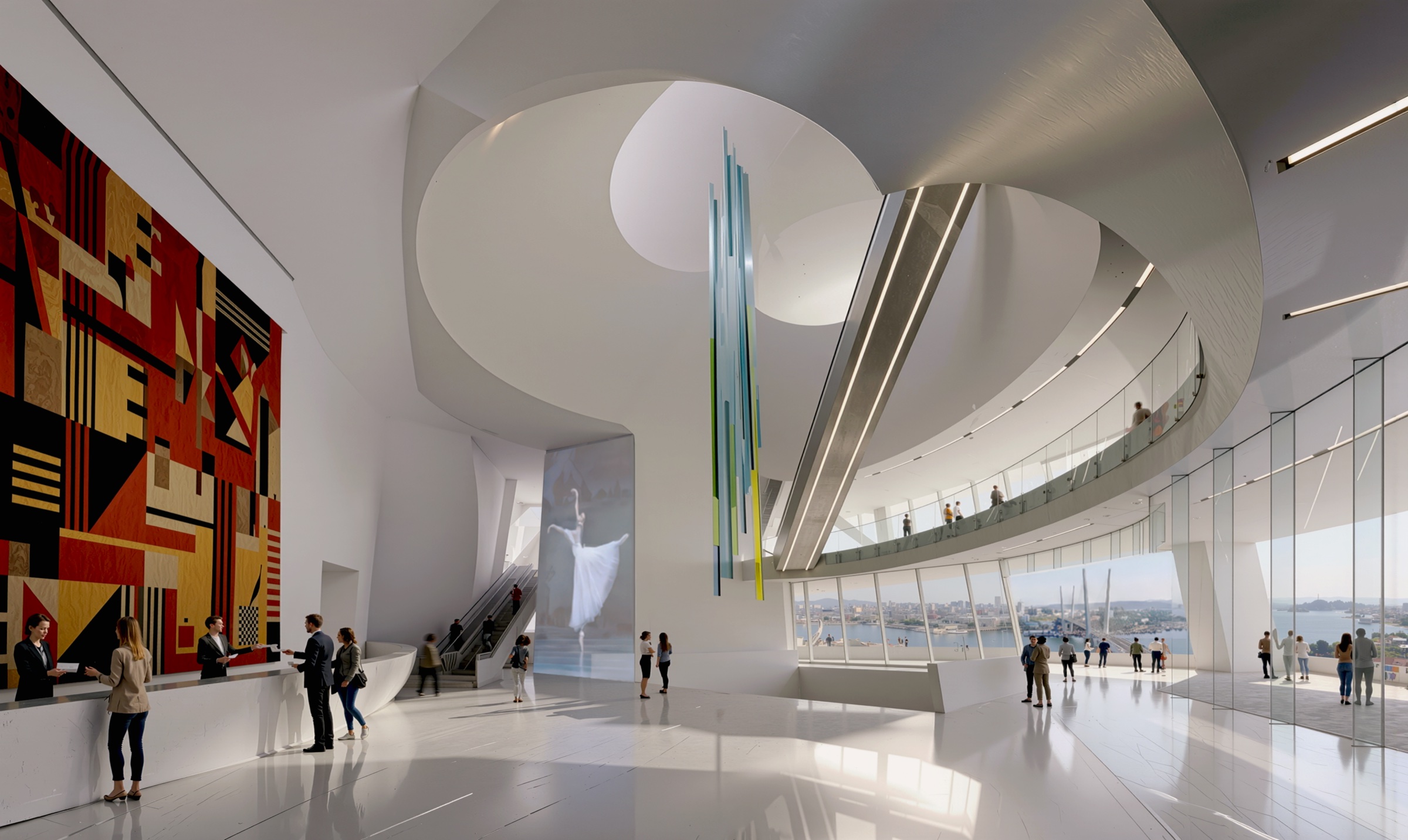 Grand multi-level atrium with a monumental sculptural ceiling void, a large Constructivist mural, colored glass art installation, escalators, curved balconies, and panoramic harbor views through floor-to-ceiling glazing