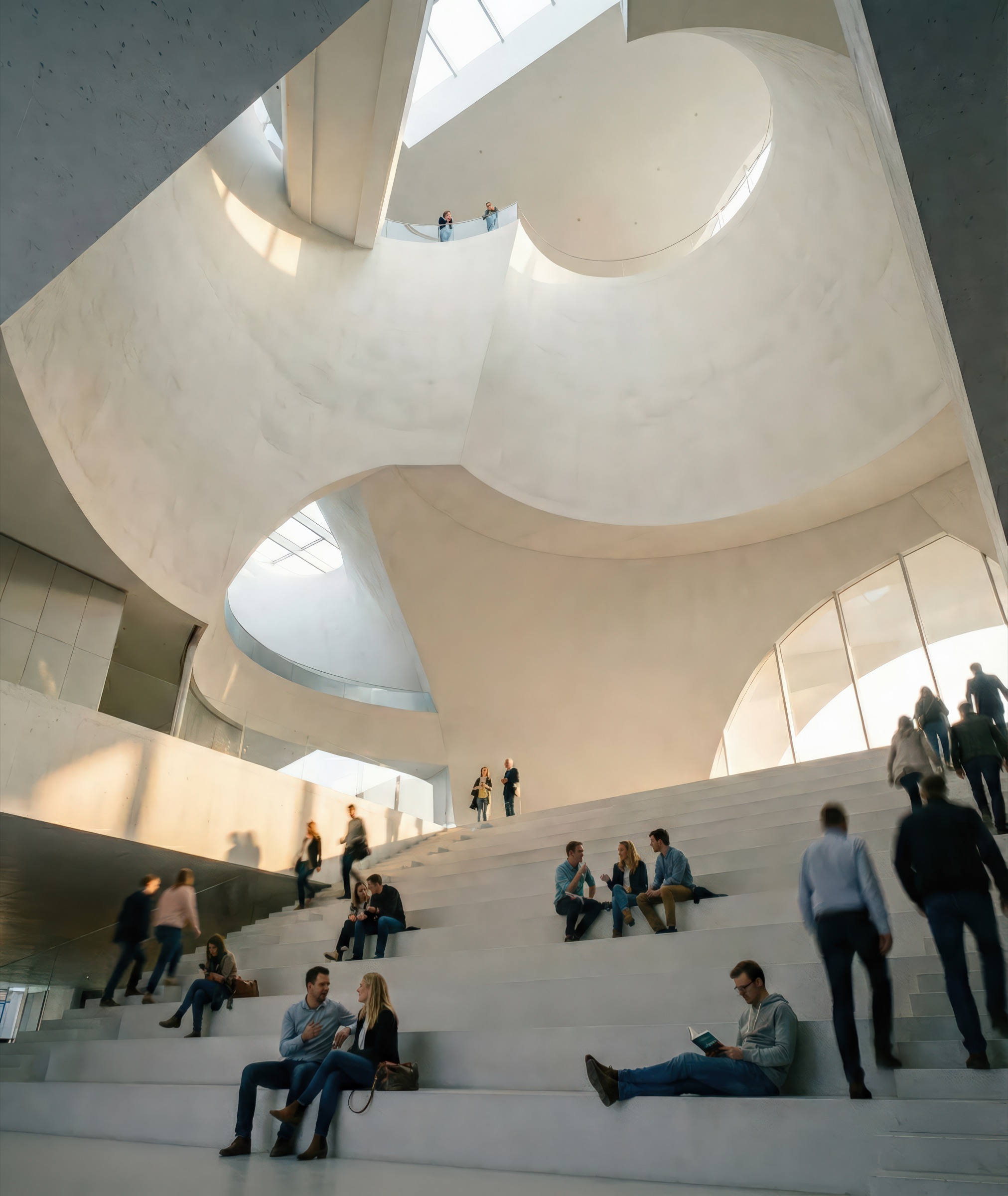 Vertical interior view of the sculptural central atrium showing monumental curved white concrete forms rising around a broad staircase, skylights overhead casting daylight into the volume, and visitors seated on the steps with others circulating on suspended walkways above