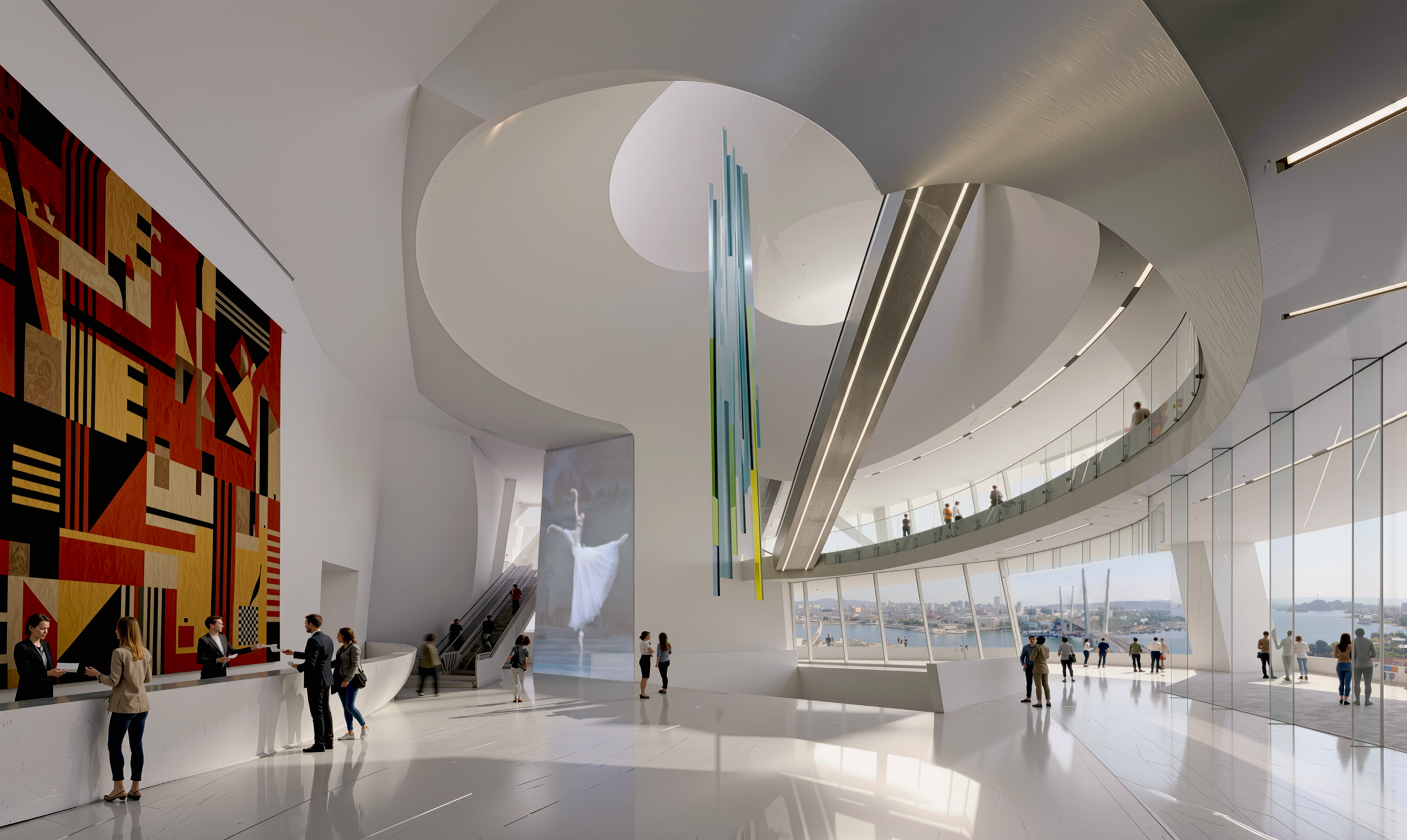 Grand multi-level atrium lobby with a monumental sculptural ceiling void, a large Constructivist mural, colored glass art installation hanging from the ceiling, escalators, curved balconies, and visitors circulating with panoramic harbor views through floor-to-ceiling glazing