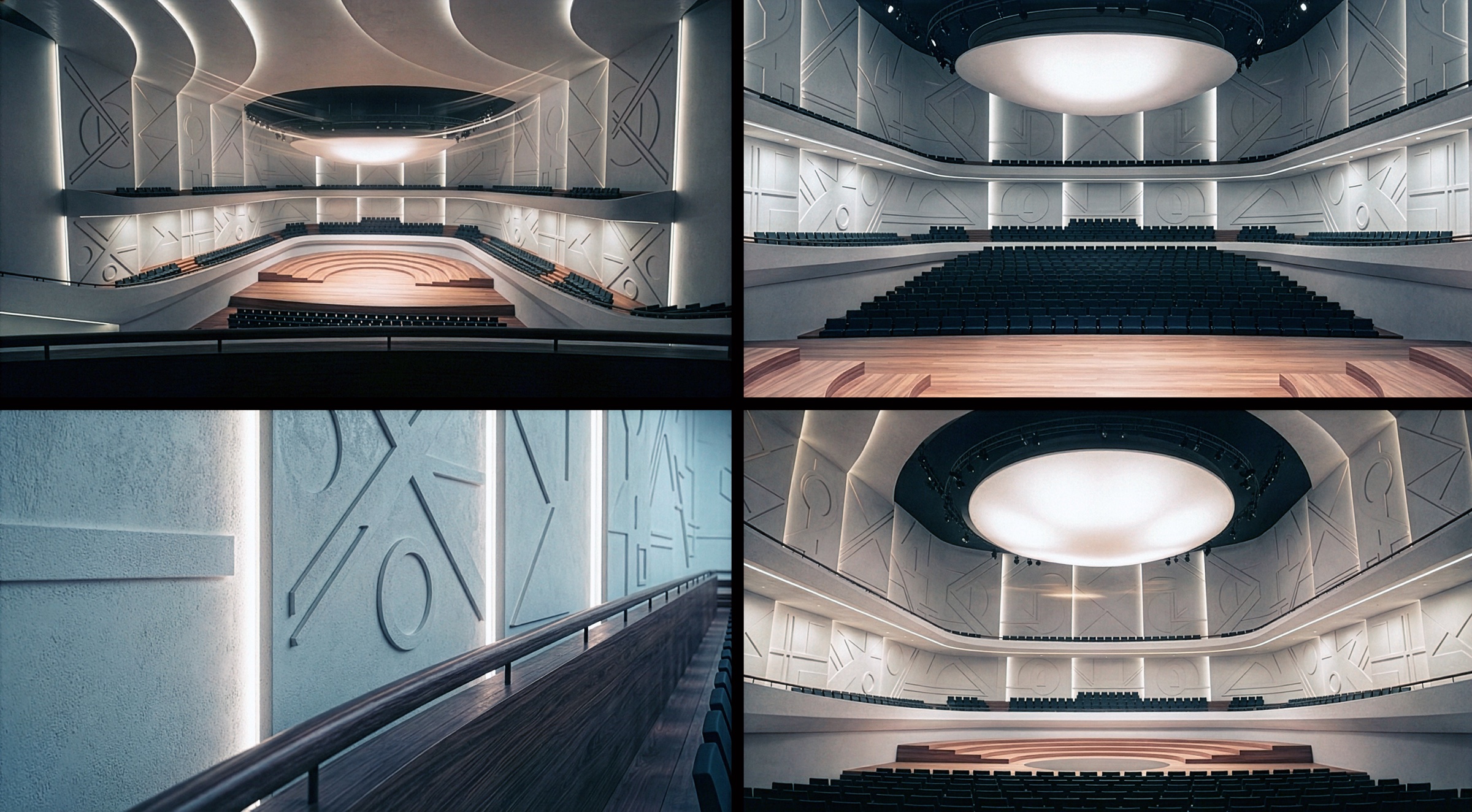 Four views of the main auditorium showing different perspectives of the tiered balconies, geometric wall relief panels, circular ceiling element, and the stage from various angles