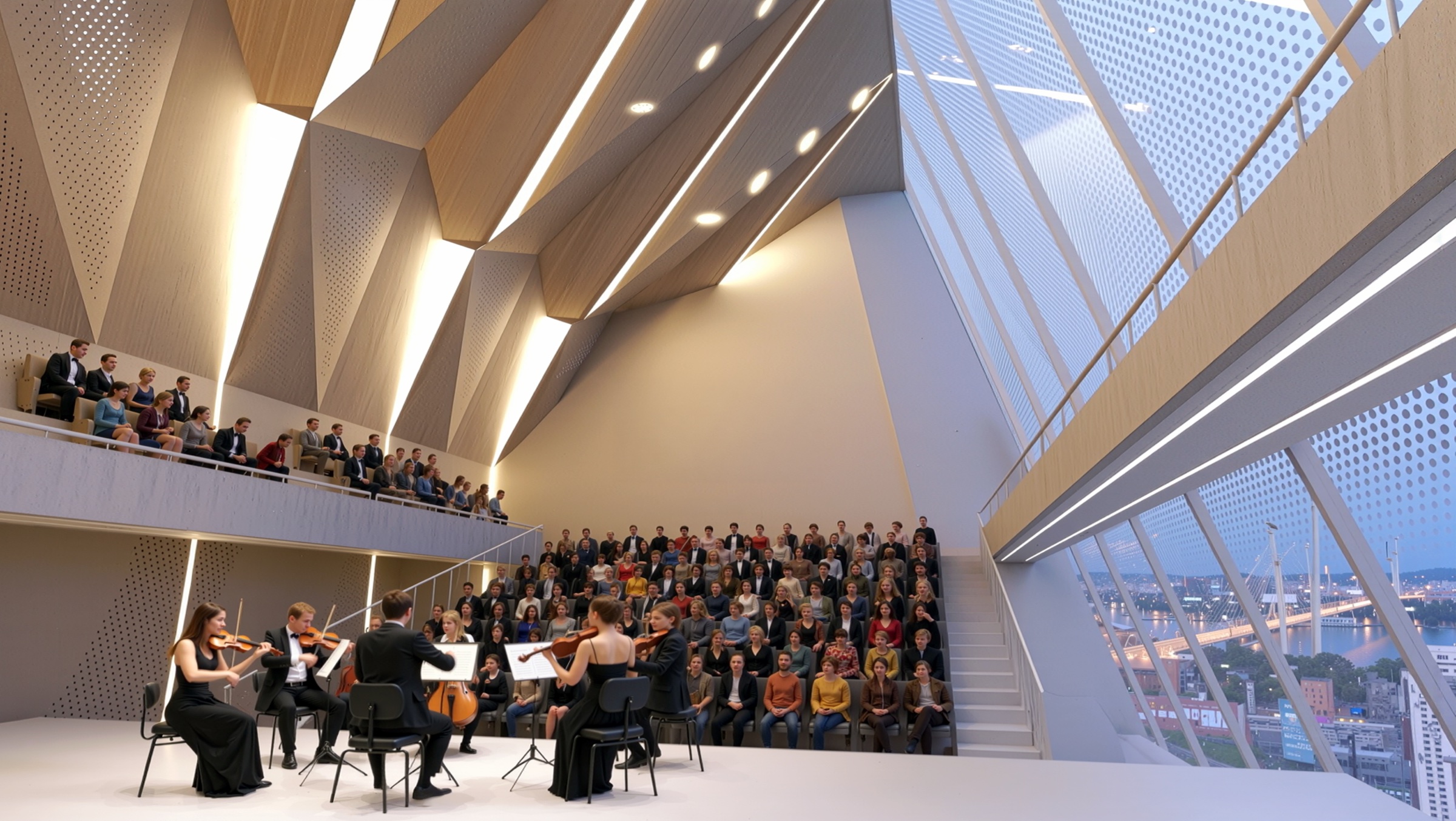 Chamber performance hall with a string quartet performing on stage, audience seated on timber-clad tiered seating, faceted timber ceiling with recessed lighting, perforated panels, and a large angled window framing views of the Vladivostok harbor at dusk