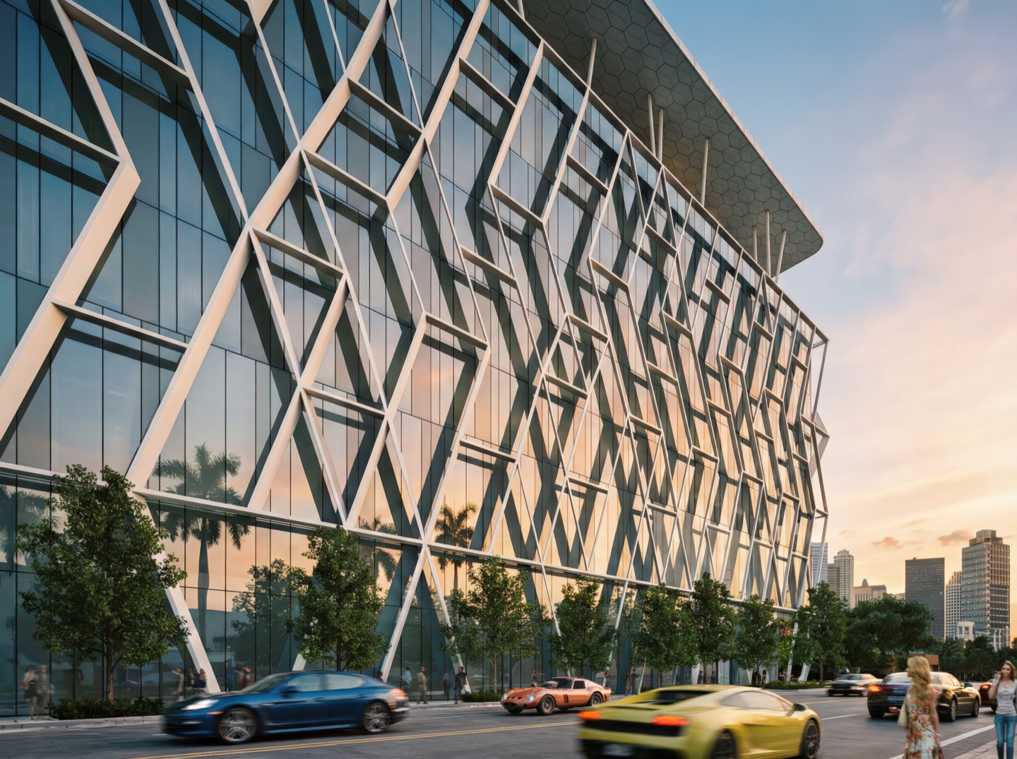 Exterior perspective showing the bold diagrid exoskeleton wrapping the upper floors with operable glazed panels and a cantilevered roof canopy