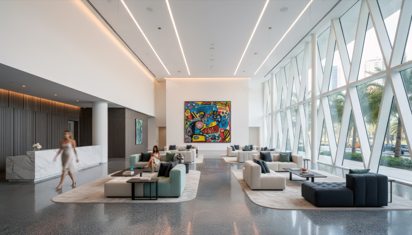 Contemporary lobby interior with polished concrete floors, modern sectional seating, a large colorful pop-art mural, and floor-to-ceiling diagrid glazing