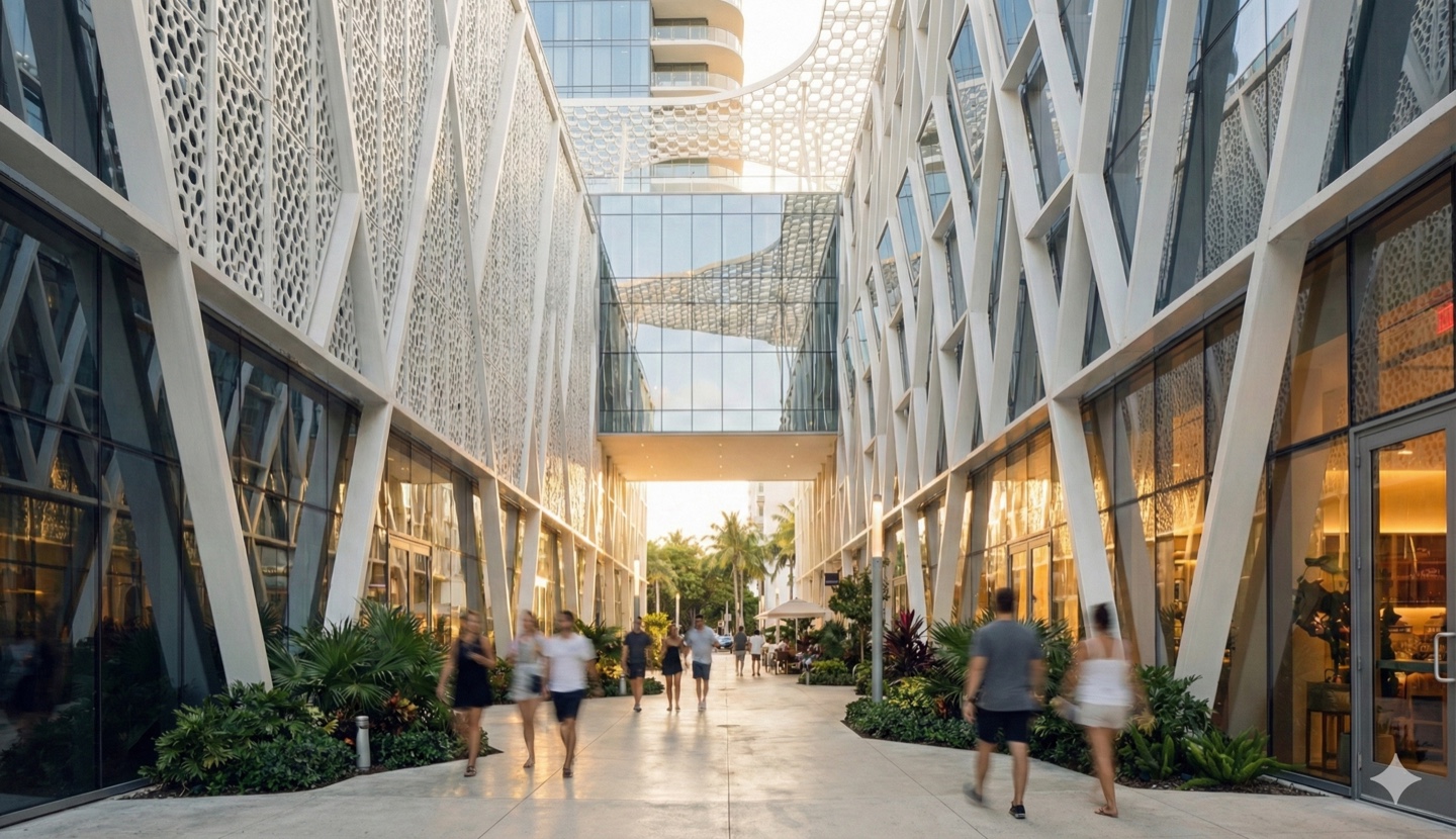 Landscaped outdoor pedestrian promenade flanked by angled white structural columns and perforated canopy panels with retail frontages on both sides