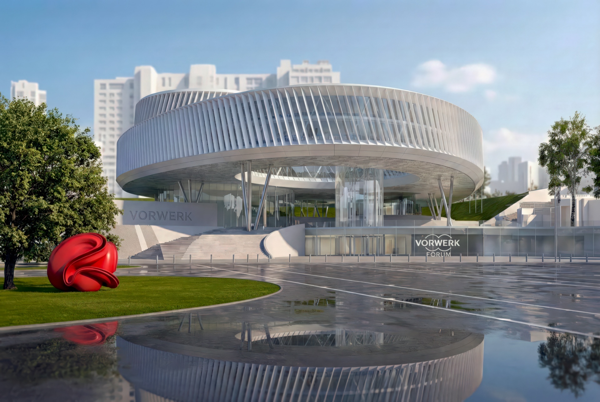 Vorwerk Headquarters exterior with white curvilinear facade, reflecting pool, and red sculptural accent on the landscaped forecourt