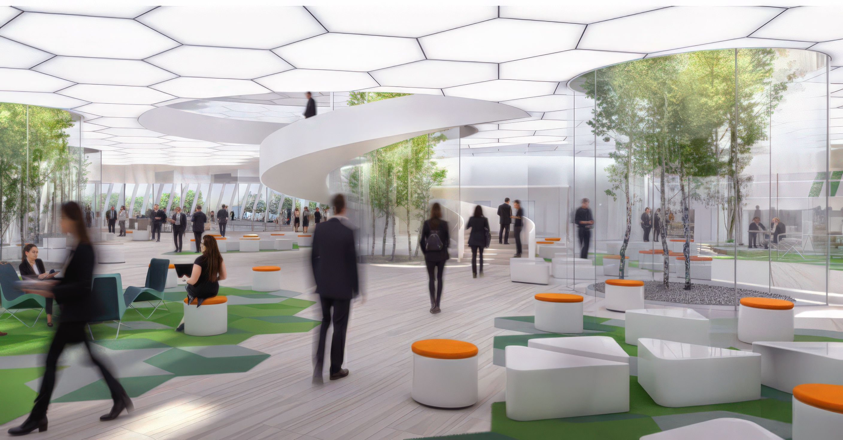 Vorwerk Headquarters open collaborative workspace with hexagonal ceiling panels, orange seating elements, and interior planted courtyards