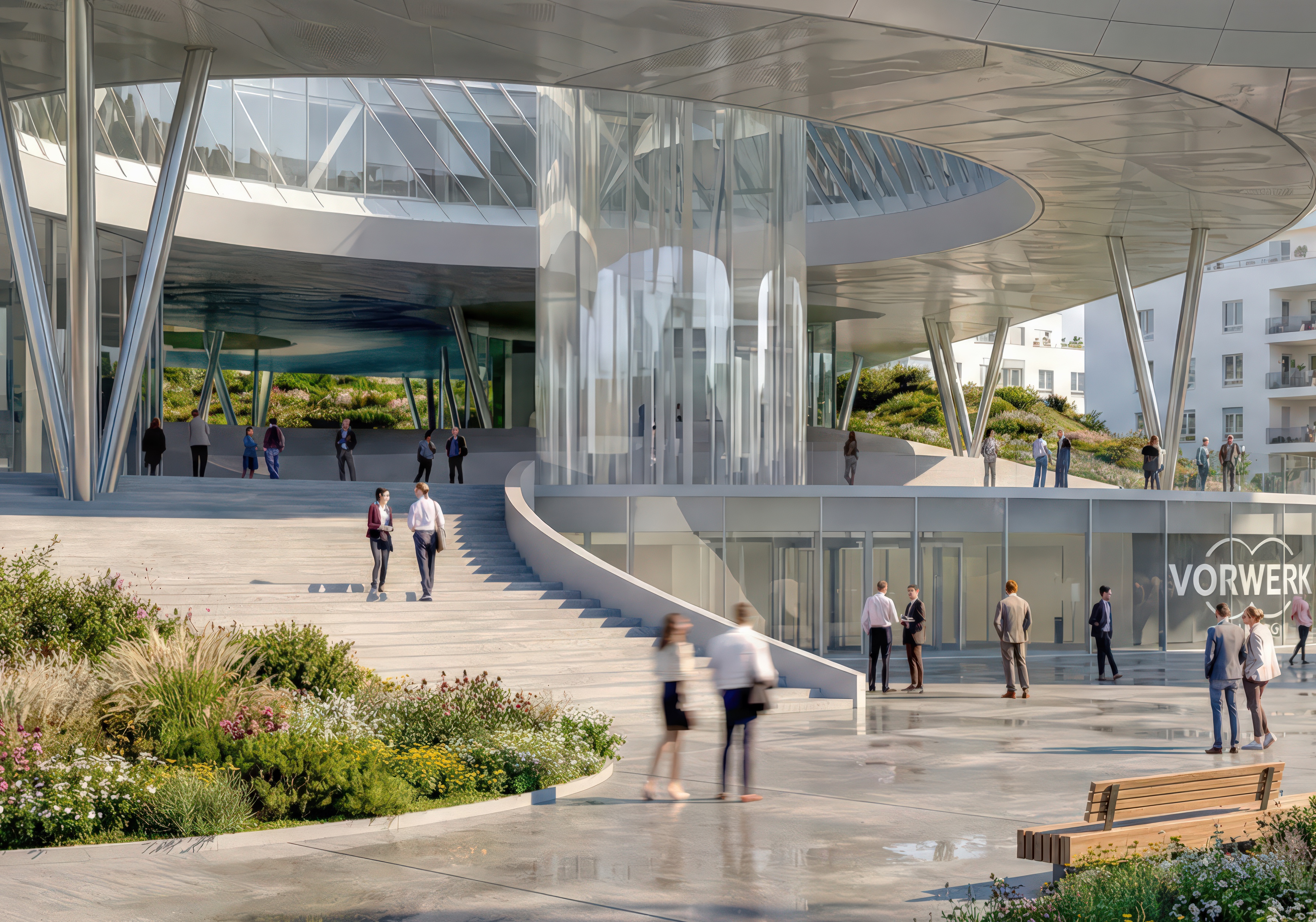 Vorwerk Headquarters entrance with grand stepped plaza, V-shaped structural columns, and full-height glazing beneath the cantilevered upper volume