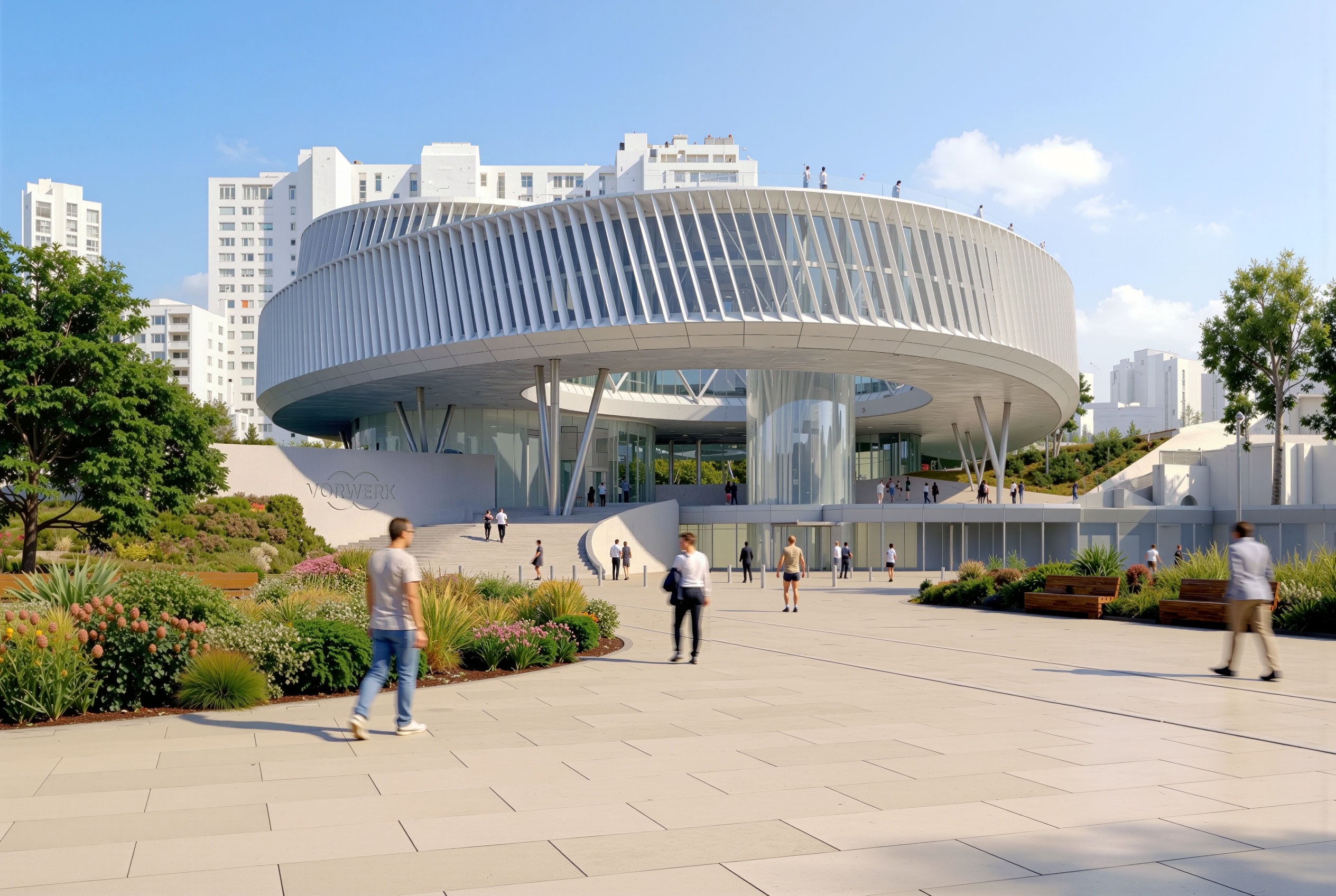 Vorwerk Headquarters viewed from the public plaza with louvered white facade and pedestrians on a clear day