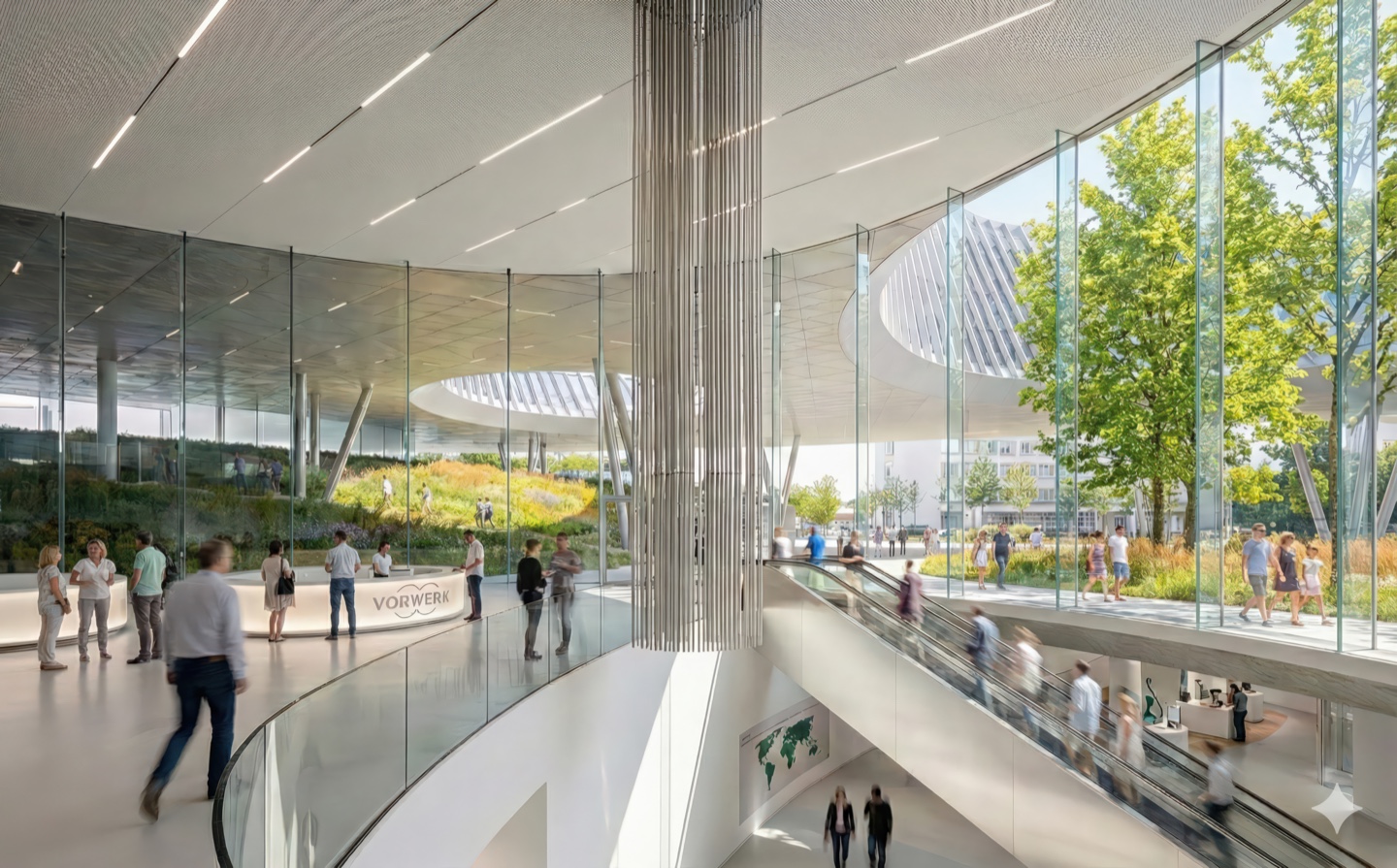 Vorwerk Headquarters interior atrium with curved glass walls, escalators, and views to lush green landscaping outside