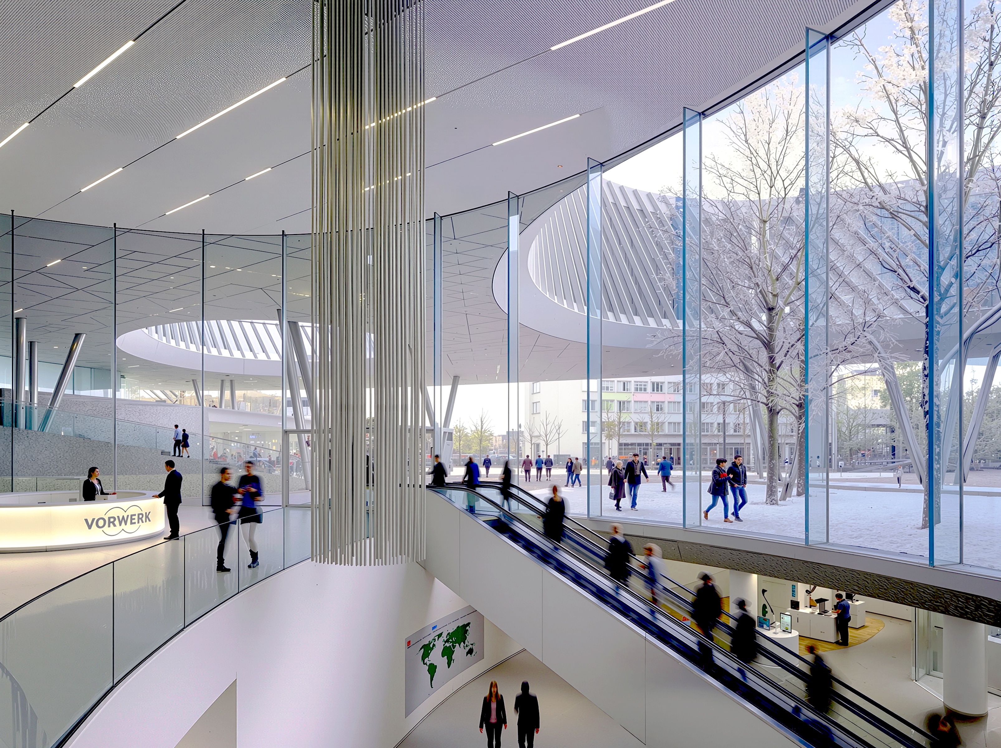 Vorwerk Headquarters interior lobby with curved glass walls, escalators, suspended rod chandelier, and Vorwerk reception desk