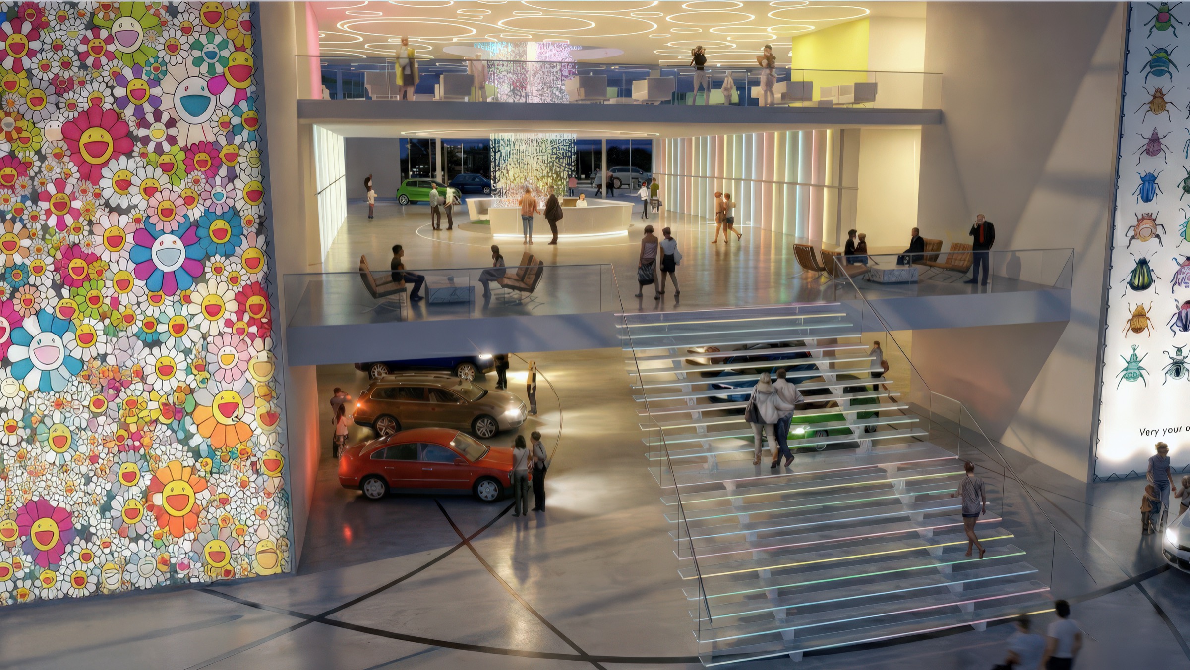 Multi-level hotel atrium with a monumental flower mural, transparent glass staircase, VW vehicles displayed at ground level, visitors on escalators, and the ring light sculpture visible on the upper floor