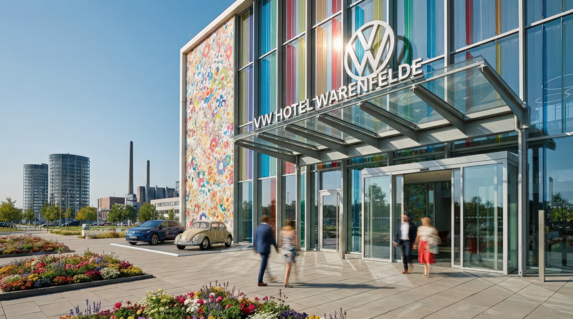 Exterior entrance of VW Hotel Warenfelde with colorful vertical glass fin facade, steel canopy, flower beds, and guests entering through revolving doors with the Autostadt power plant tower in the background