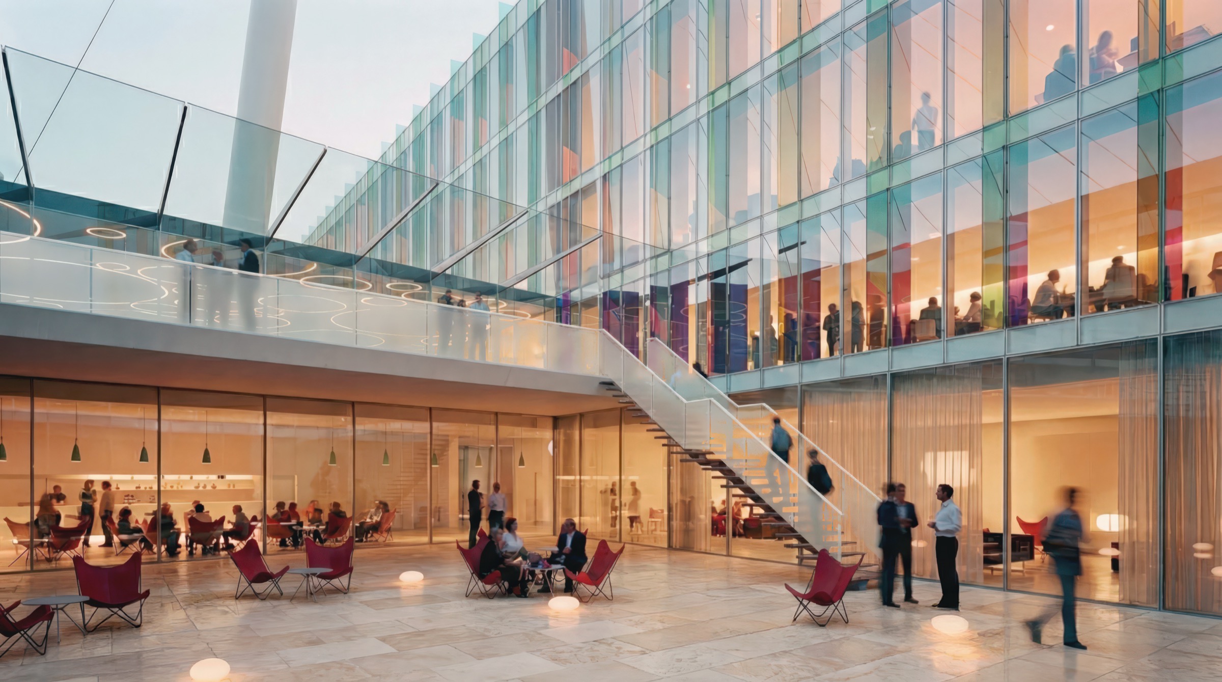 Hotel courtyard at golden hour with guests seated at café tables below, an open staircase connecting to the upper-level lounge, the colored glass facade glowing in warm light, and silhouettes of visitors on the terrace