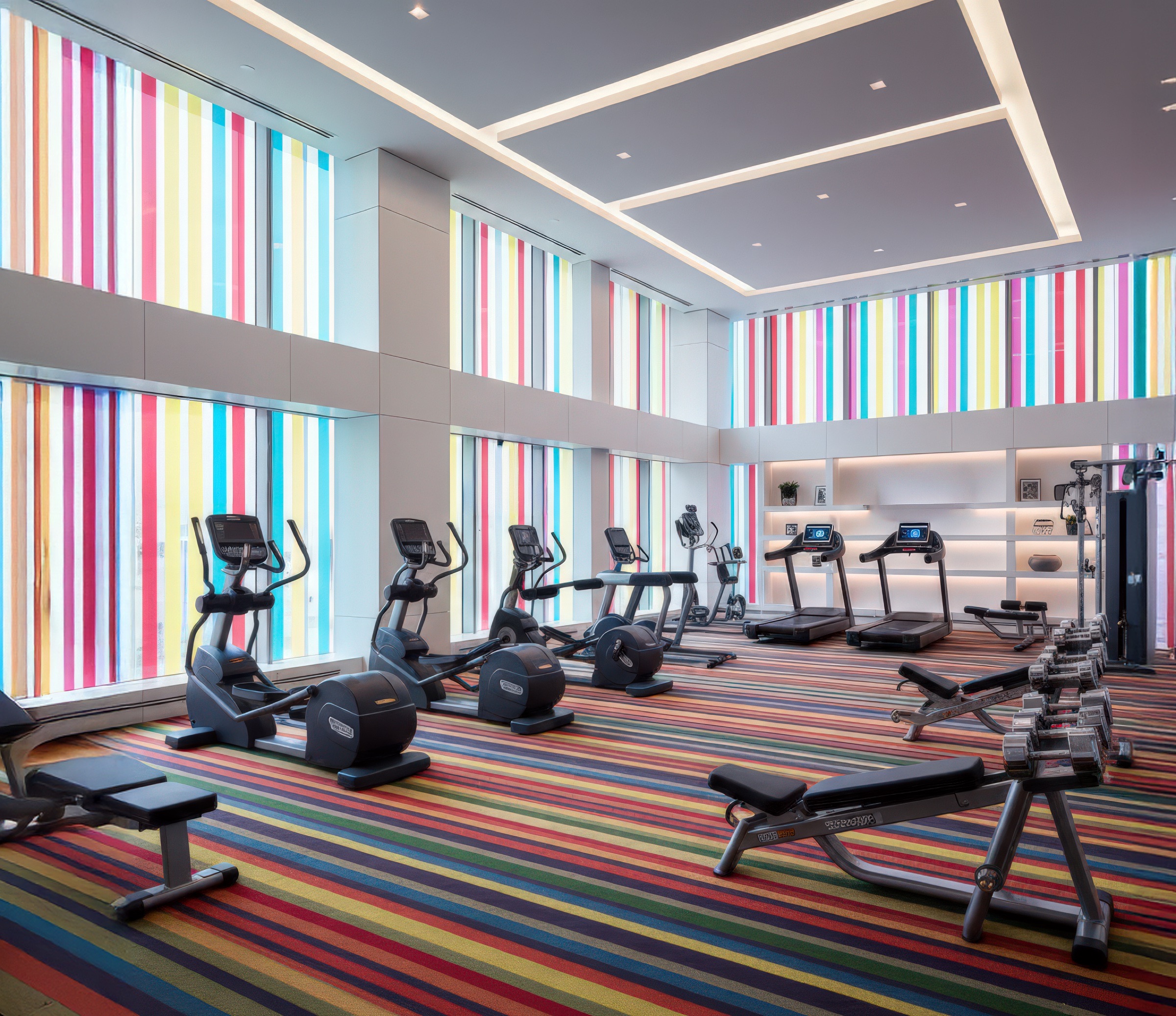 Hotel fitness center with multicolored striped carpet, exercise equipment arranged before tall windows framed by the colored glass facade, and recessed linear ceiling lighting
