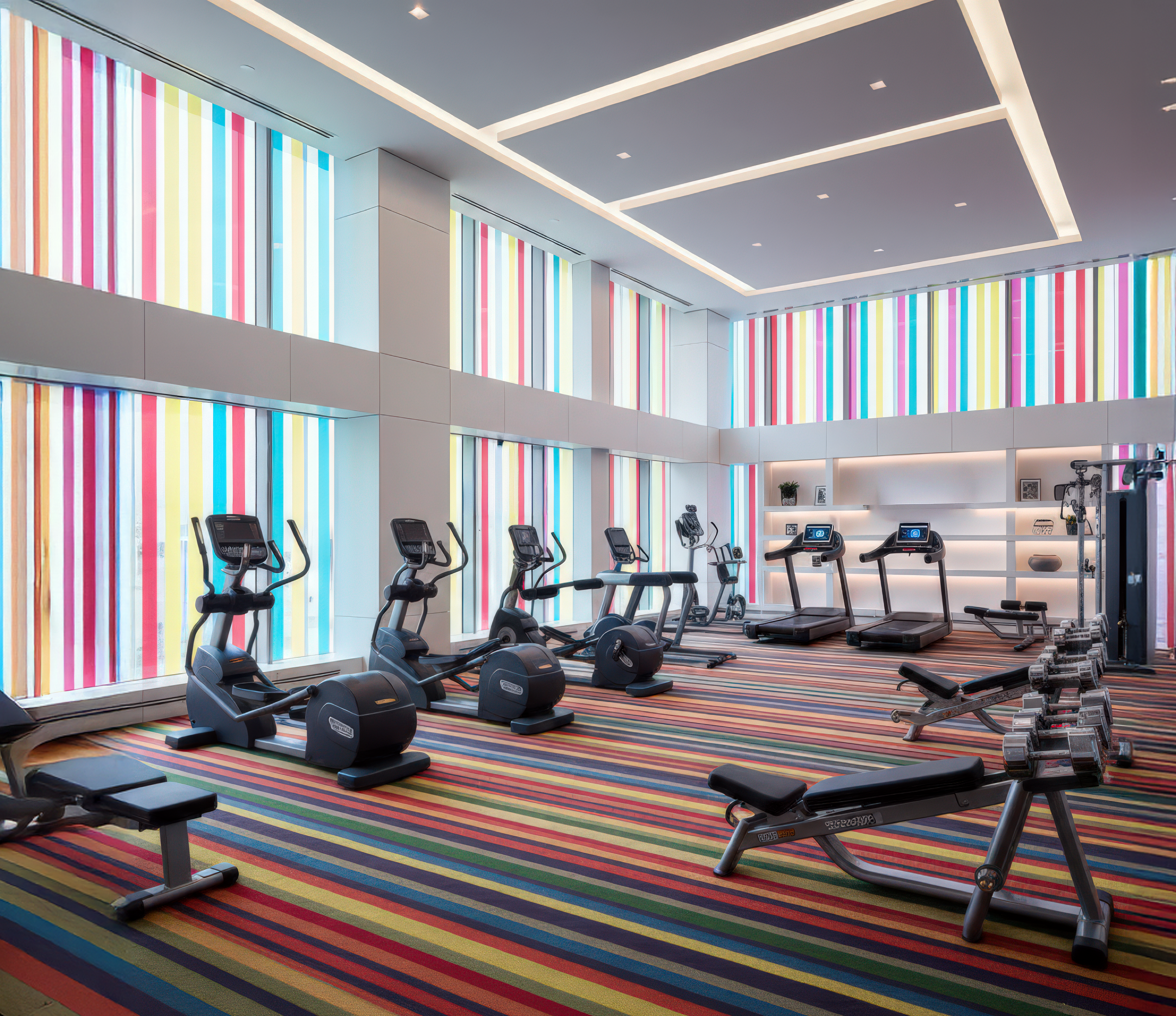 Hotel fitness center with multicolored striped carpet, exercise equipment arranged before tall windows framed by the colored glass facade, and recessed linear ceiling lighting
