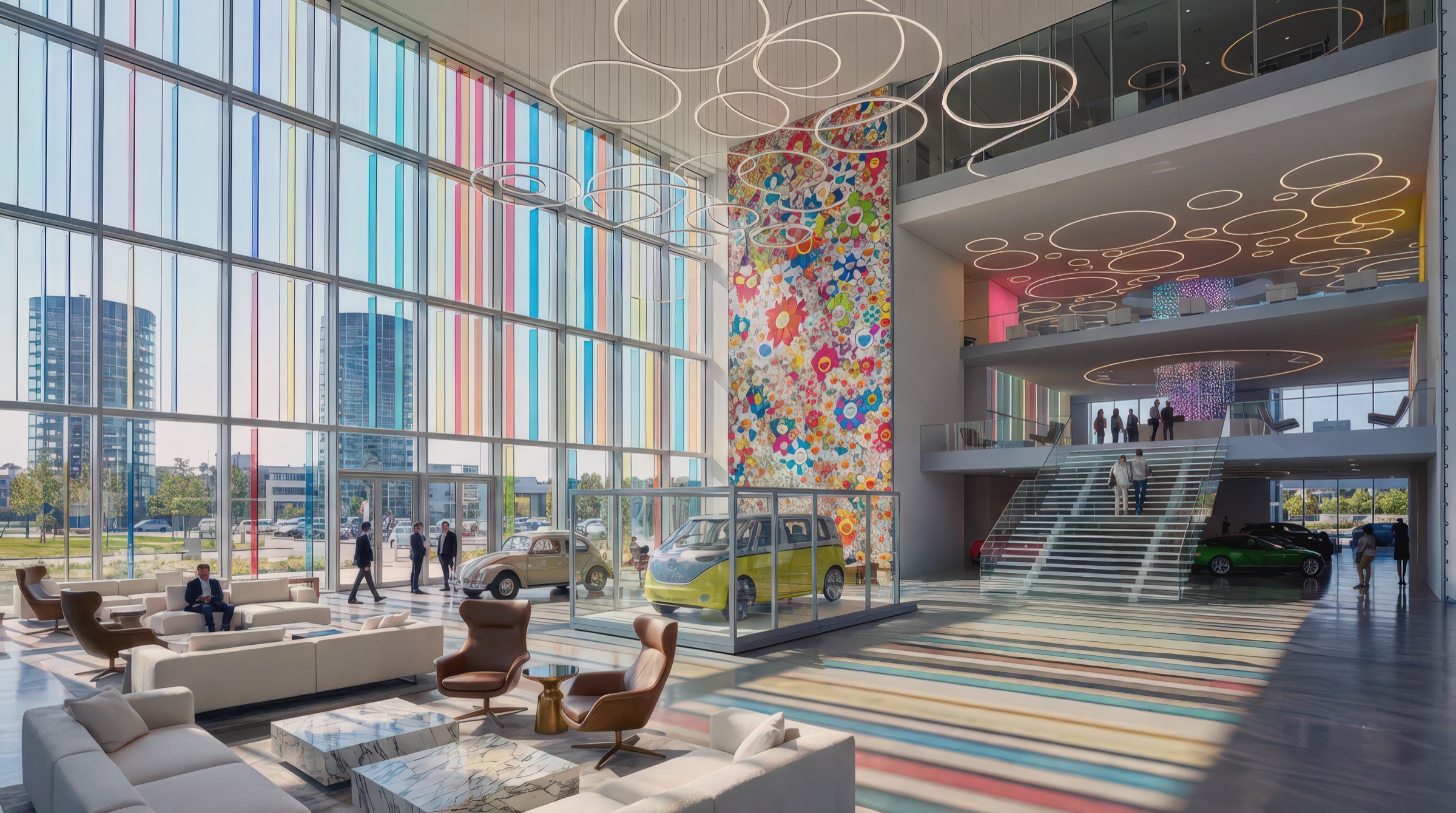 Double-height hotel lobby interior with floor-to-ceiling colored glass facade, a large flower mural, suspended ring light sculptures, iconic VW vehicles on display, and a striped carpet staircase