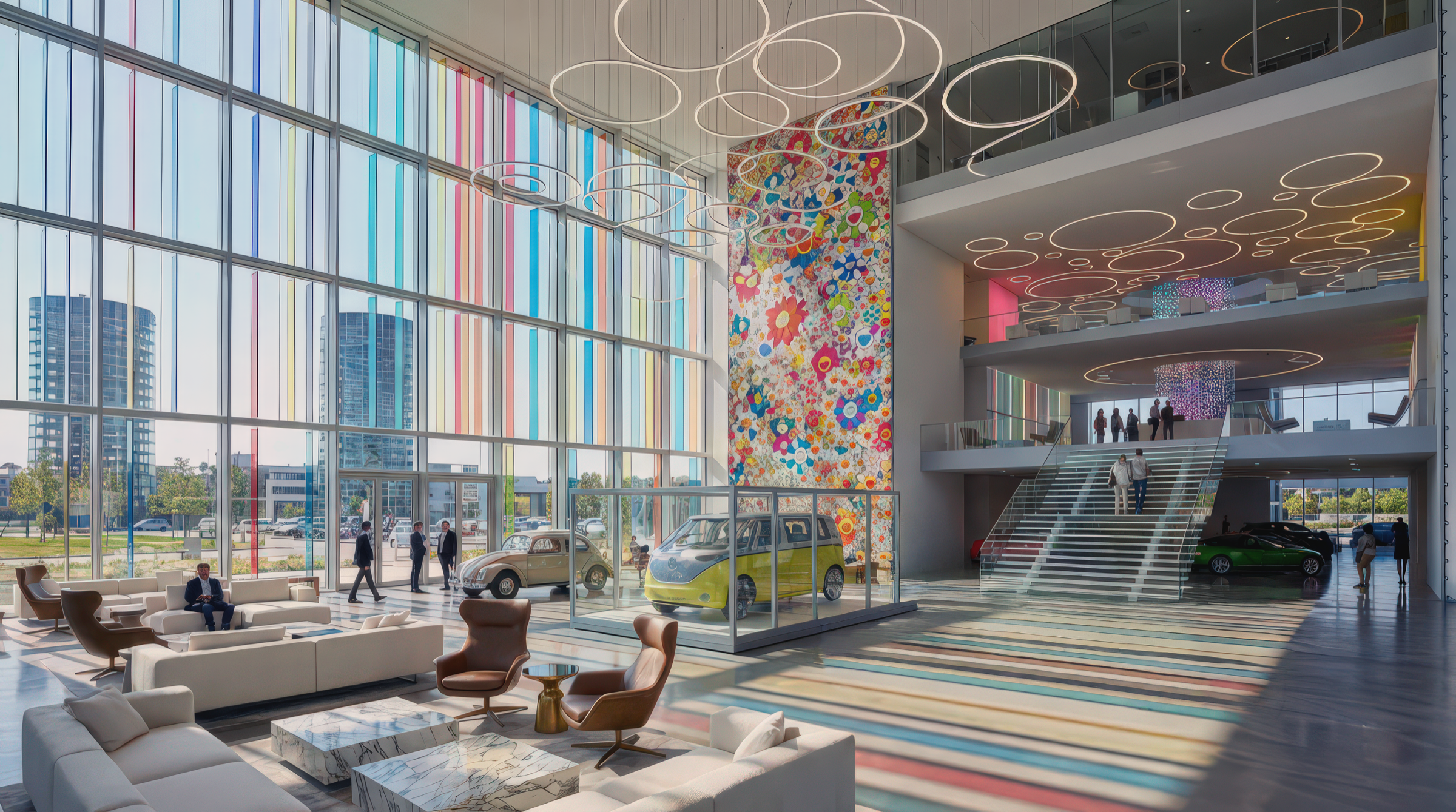 Double-height hotel lobby interior with floor-to-ceiling colored glass facade, a large flower mural, suspended ring light sculptures, iconic VW vehicles on display, and a striped carpet staircase