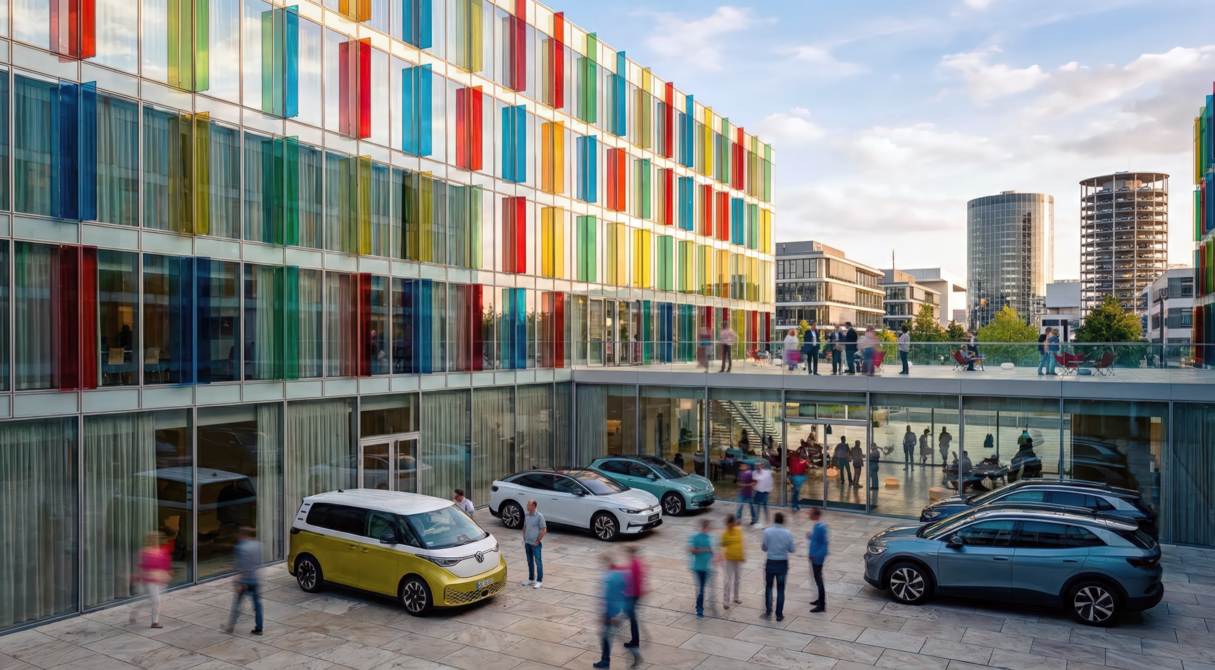 Exterior plaza with Volkswagen electric vehicles on display in front of a building clad in multicolored vertical glass fins, motion-blurred visitors, and the Wolfsburg skyline beyond