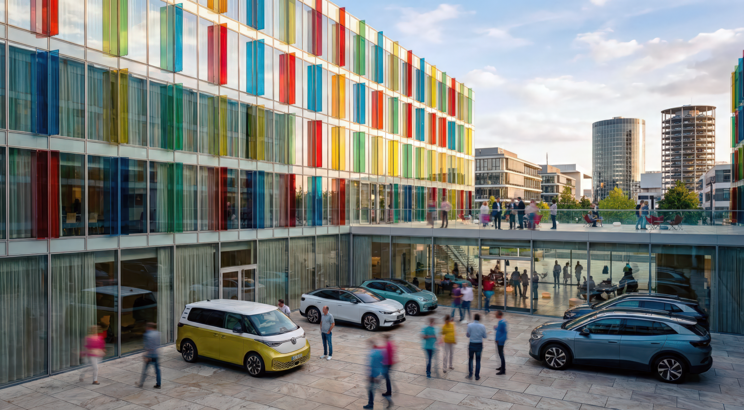 Exterior plaza with Volkswagen electric vehicles on display in front of a building clad in multicolored vertical glass fins, motion-blurred visitors, and the Wolfsburg skyline beyond