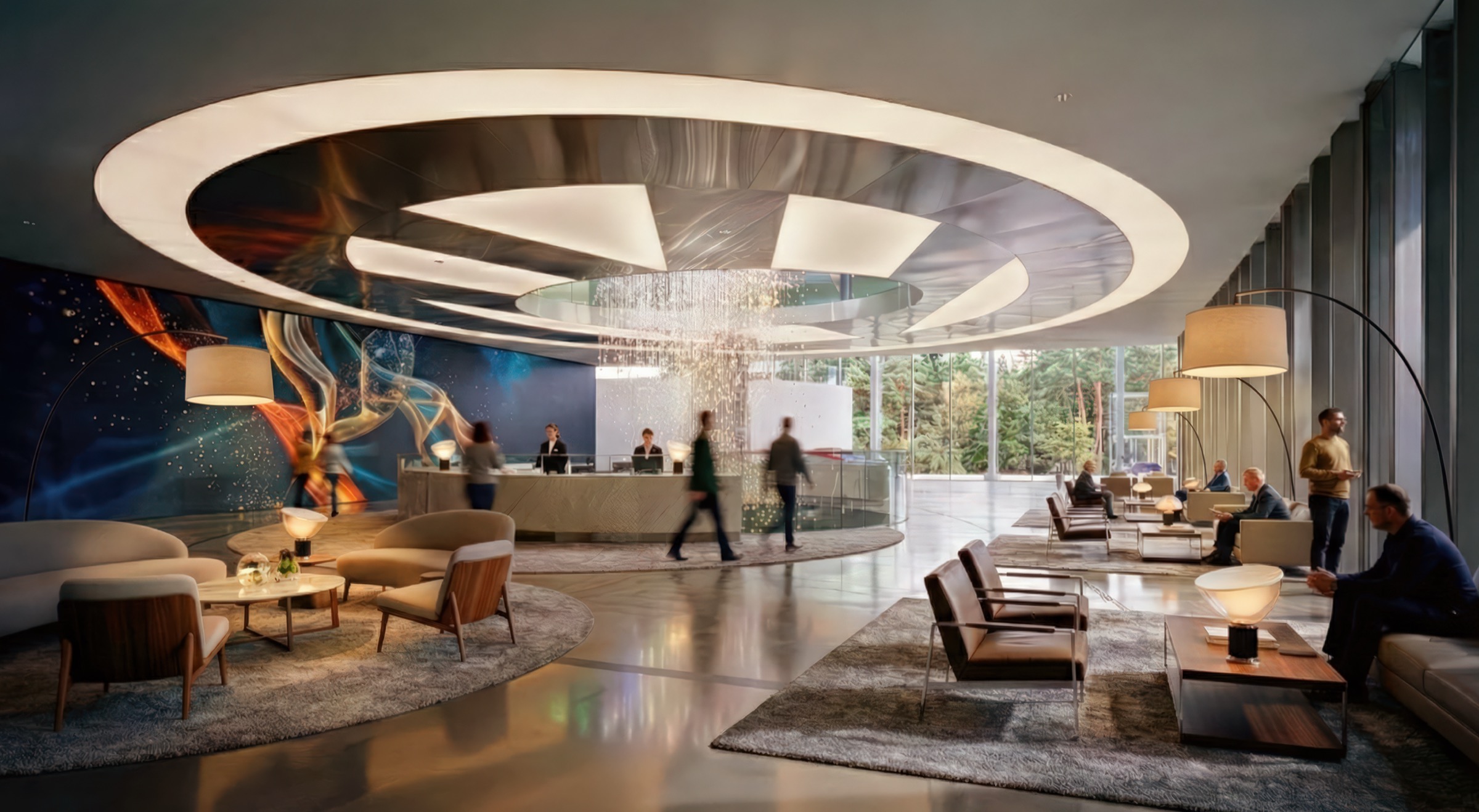Hotel reception lobby with a sculptural ring-shaped ceiling light, cascading crystal chandelier, digital art mural, and designer seating areas flanking the front desk