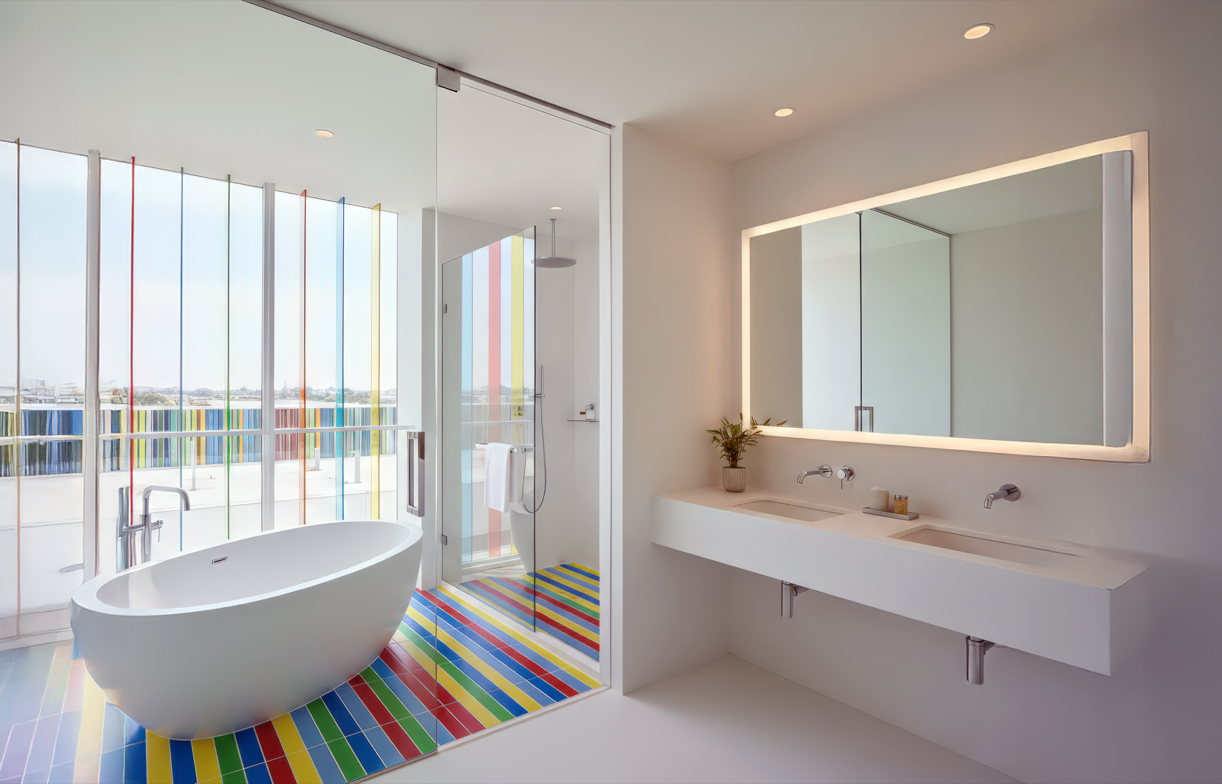 Hotel bathroom with freestanding oval bathtub, walk-in glass shower, multicolored striped floor tiles echoing the facade palette, backlit mirror, and floor-to-ceiling windows with colored glass views