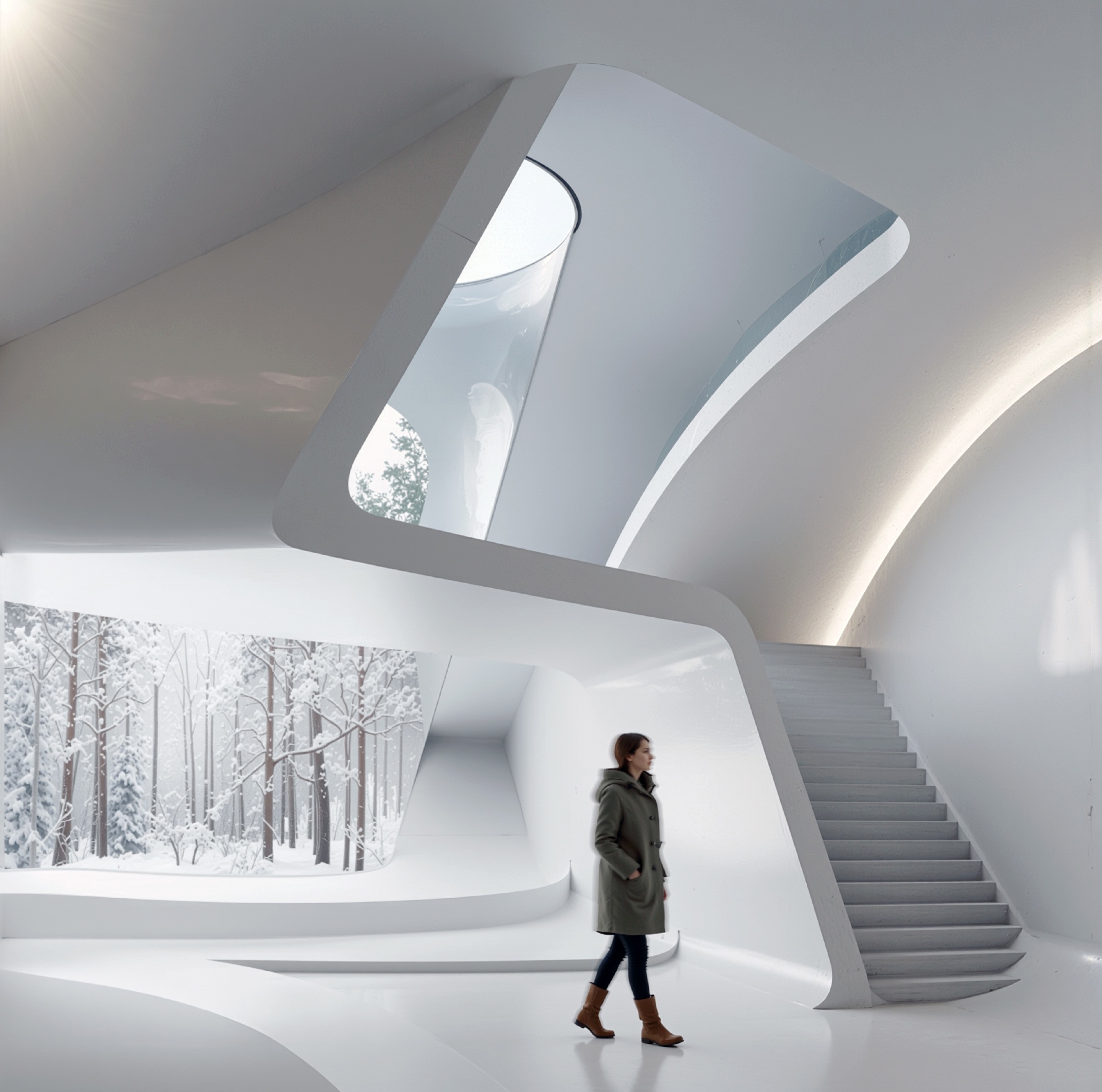 A double-height white foyer with a sculptural staircase rising toward a large skylight, a panoramic window revealing the snowy birch forest at ground level